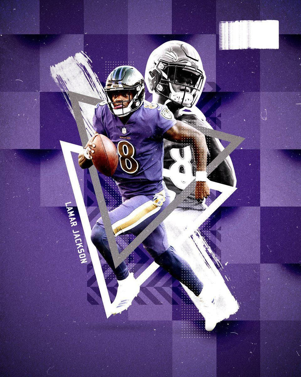 拉馬爾·傑克森 桌布 壁紙 — 一幅動態數位藝術肖像，描繪 Lamar Jackson 身穿紫色 Ravens 裝備，在風格化的紫色網格背景上持球奔跑。