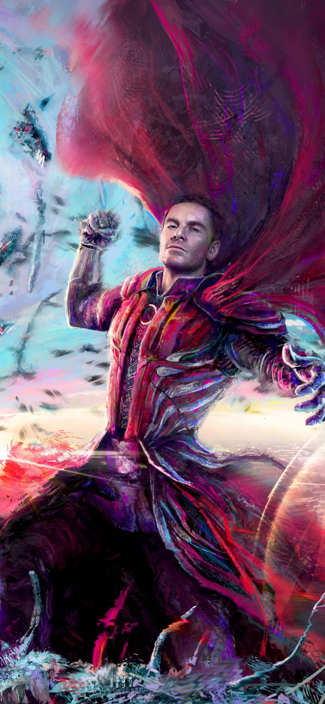 Magneto 桌布 壁紙 — 一幅動態數位藝術肖像，描繪一名身穿紅色外套的男子，在旋轉的紅色和藍色宇宙背景下揮舞著發光武器。