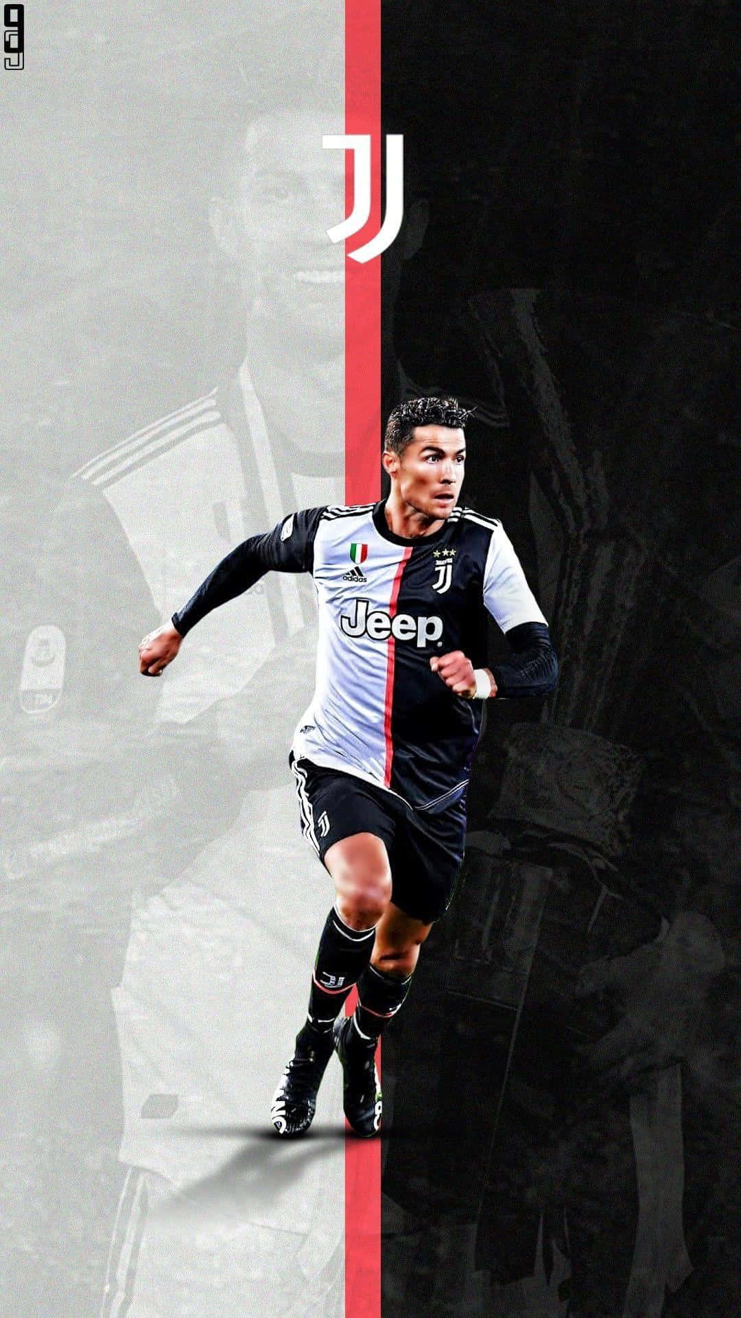 Ronaldo 桌布 壁紙 — 一幅動態數位藝術肖像，描繪克里斯蒂亞諾·羅納度身穿尤文圖斯球衣衝刺，大膽的紅色垂直條紋將畫面一分為二。