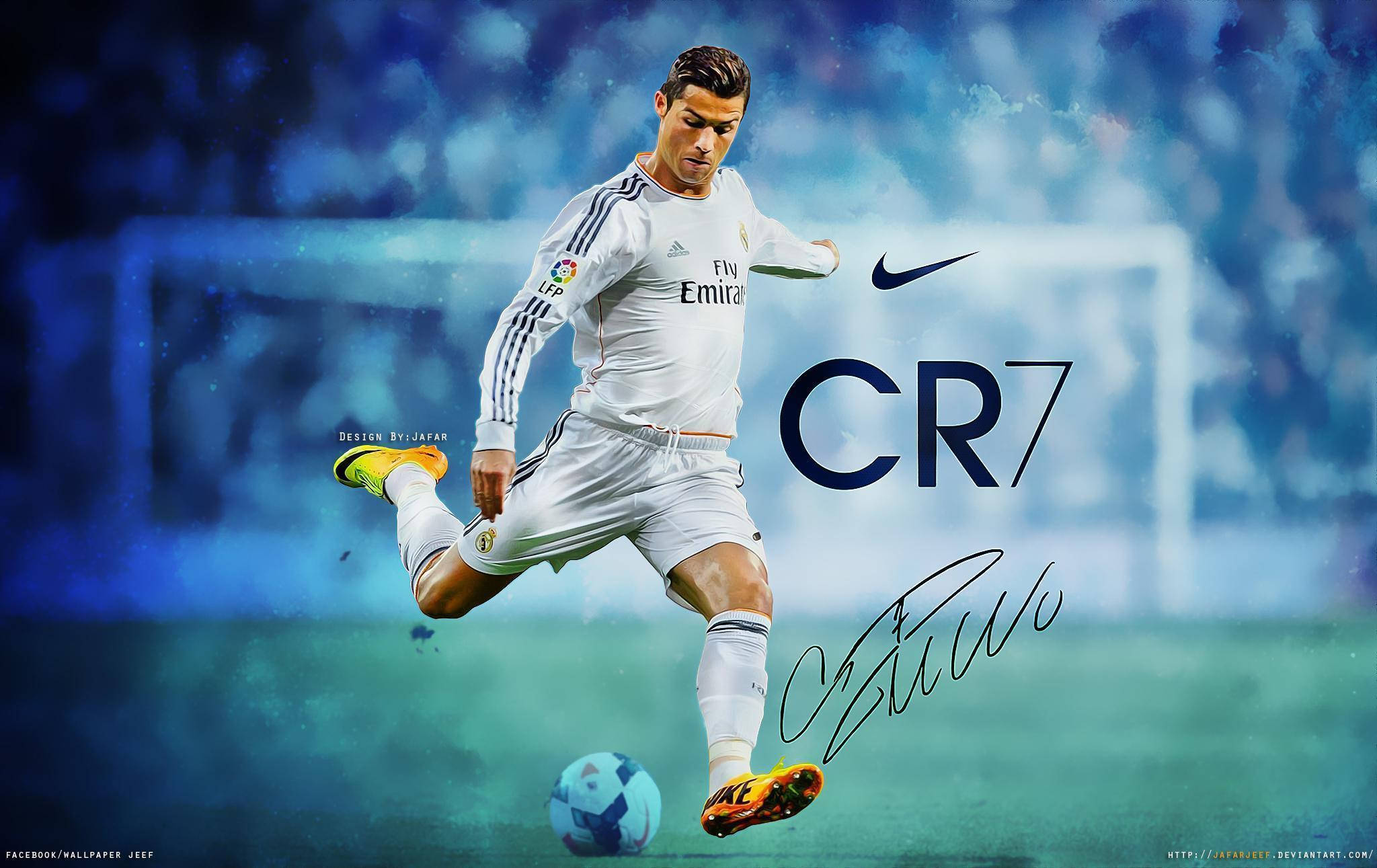 Ronaldo 桌布 壁紙 — 一幅動態數位藝術肖像，描繪克里斯蒂亞諾·羅納度身穿白色皇家馬德里球衣，在模糊的球場背景下凌空踢球。