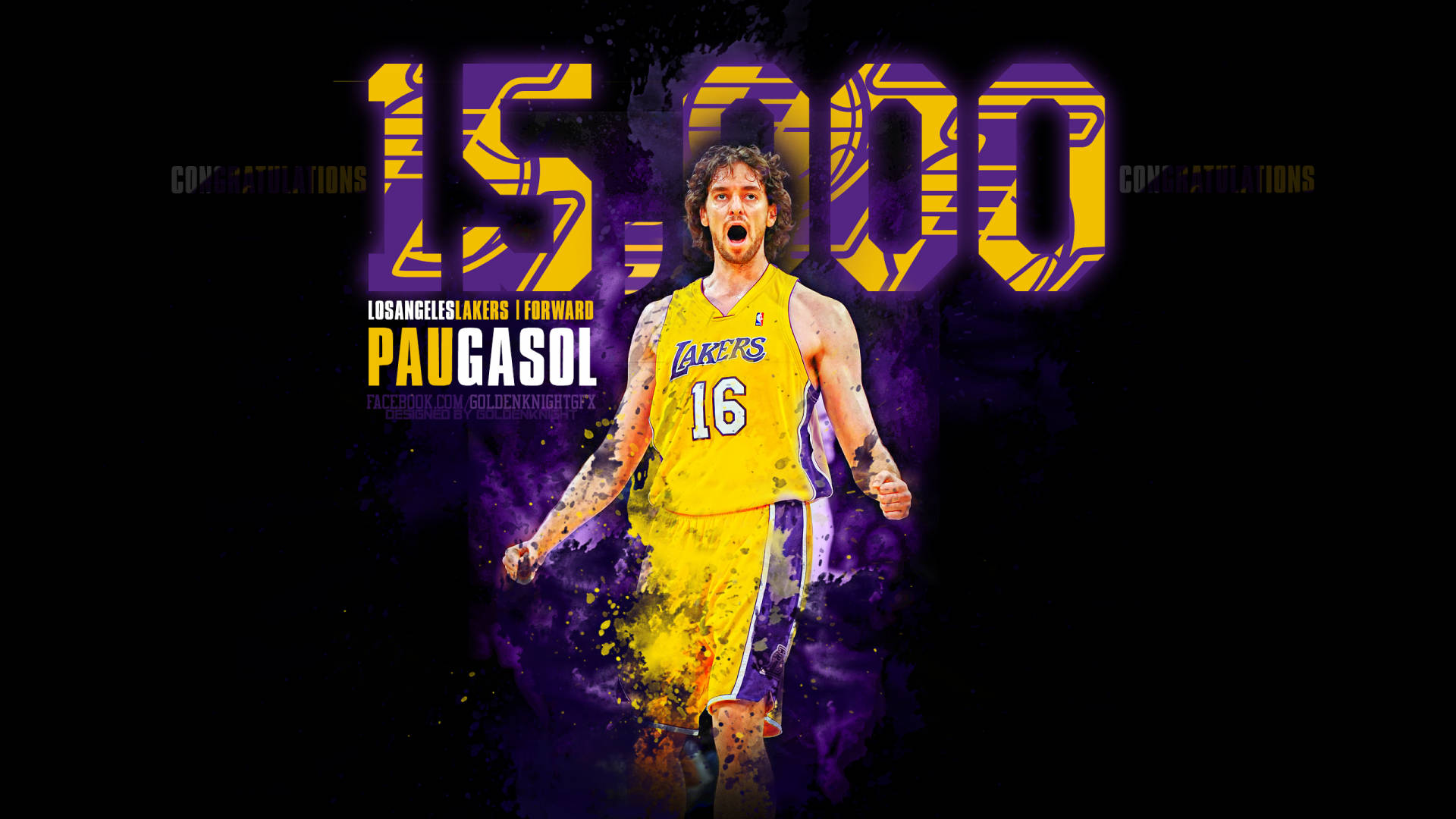 Pau Gasol 桌布 壁紙 — 一幅動態數位藝術肖像，描繪籃球運動員 Pau Gasol 身穿黃色湖人球衣，在紫色潑濺背景上慶祝 15000 分。