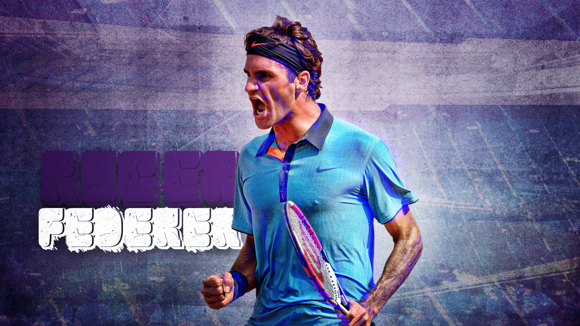 roger 桌布 壁紙 — 一幅動態數位藝術肖像，描繪網球手羅傑·費德勒在帶有紋理的藍紫色背景前，手持球拍慶祝的瞬間。
