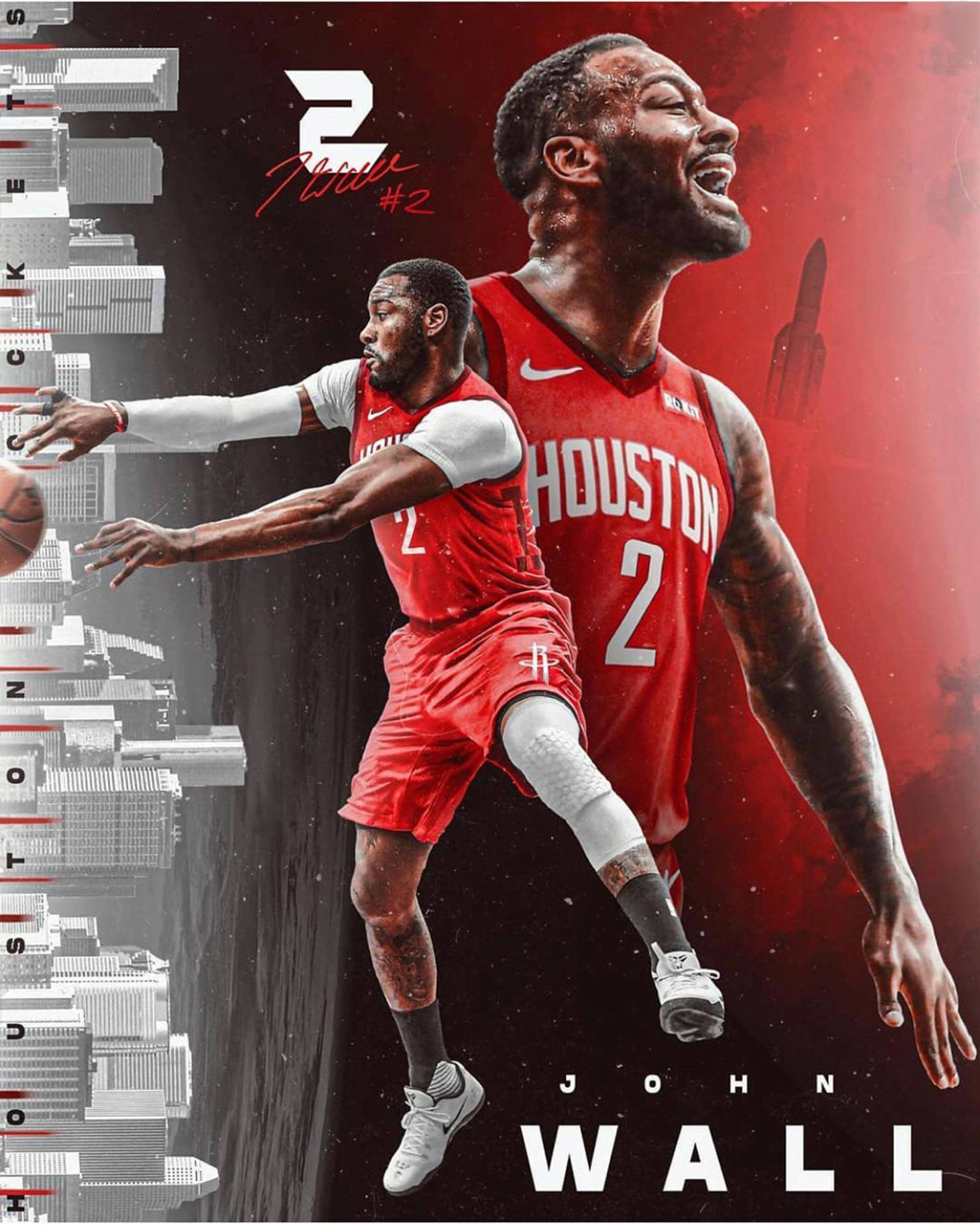 John Wall 桌布 壁紙 — 一幅動態數位藝術肖像，描繪身穿休士頓火箭隊紅色球衣的籃球運動員約翰·沃爾在風格化城市景觀背景下運球。