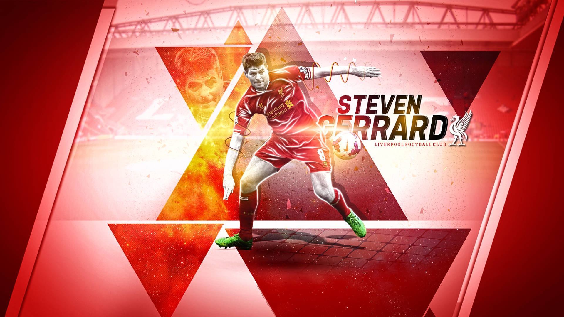Steven Gerrard 桌布 壁紙 — 一幅動態數位藝術肖像，描繪身穿利物浦球衣的史蒂文·傑拉德在火紅幾何球場背景下踢球。
