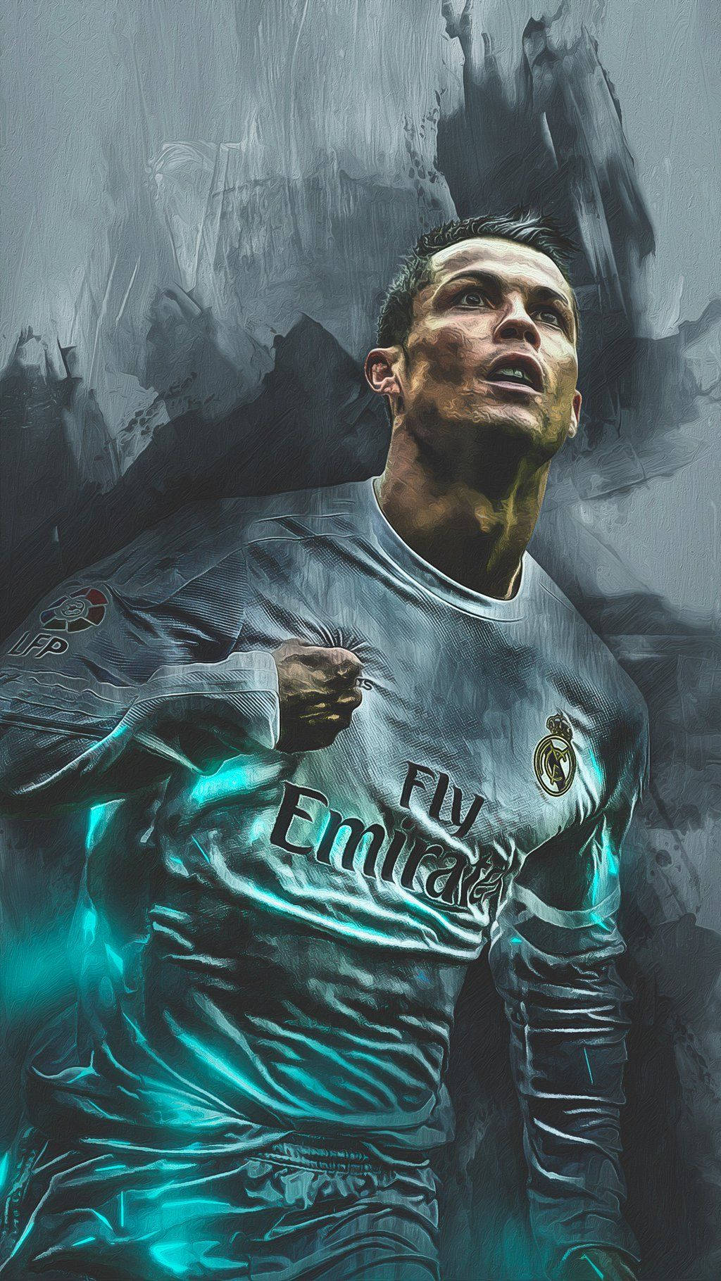 Ronaldo 桌布 壁紙 — 一幅動態數位藝術肖像，描繪身穿皇家馬德里球衣的克里斯蒂亞諾·羅納度，帶有發光青綠色點綴，背景為煙霧灰色。