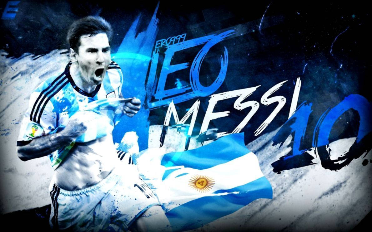 Argentina 桌布 壁紙 — 一幅動態數位藝術肖像，描繪身穿阿根廷球衣的利昂內爾·梅西在藍色抽象背景前與國旗慶祝。