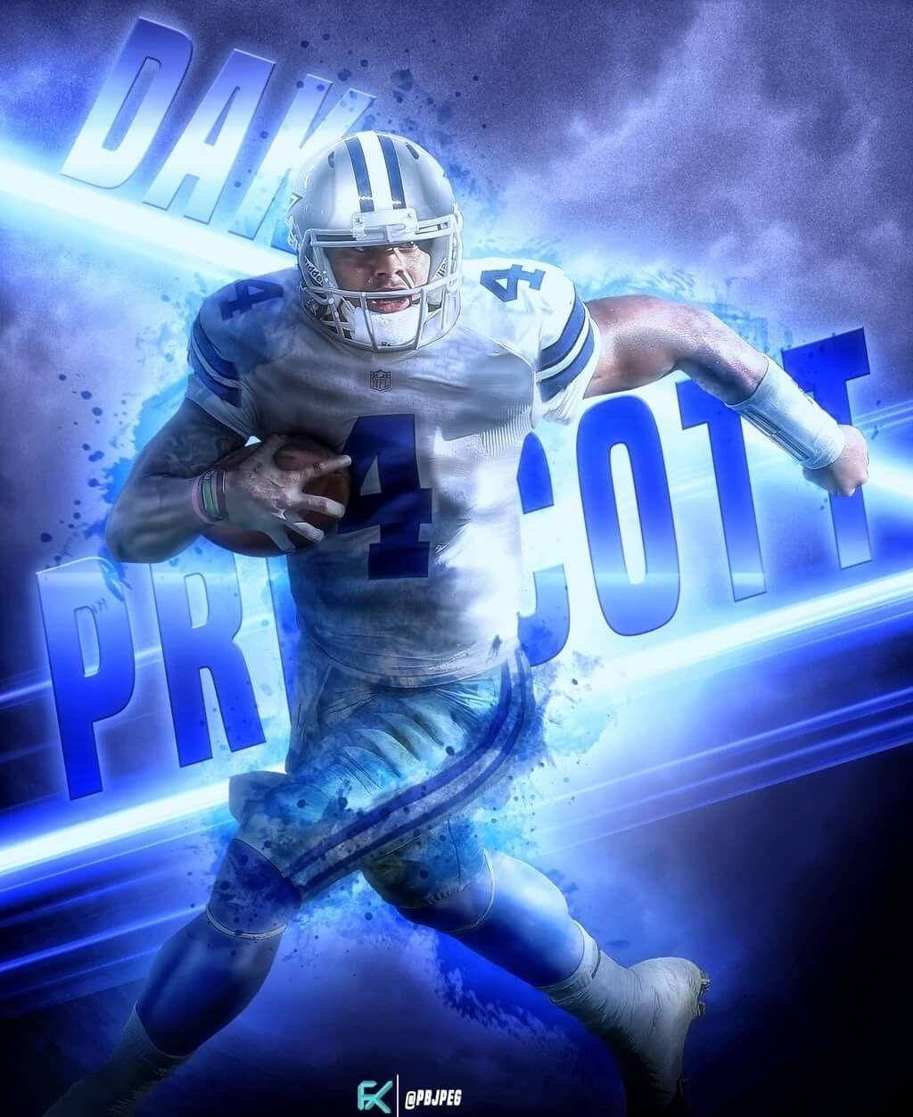 Dak Prescott 桌布 壁紙 — 一幅動態數位藝術肖像，描繪達克·普雷斯科特身穿達拉斯牛仔隊球衣，在發光的藍色電風暴背景下持球衝刺。