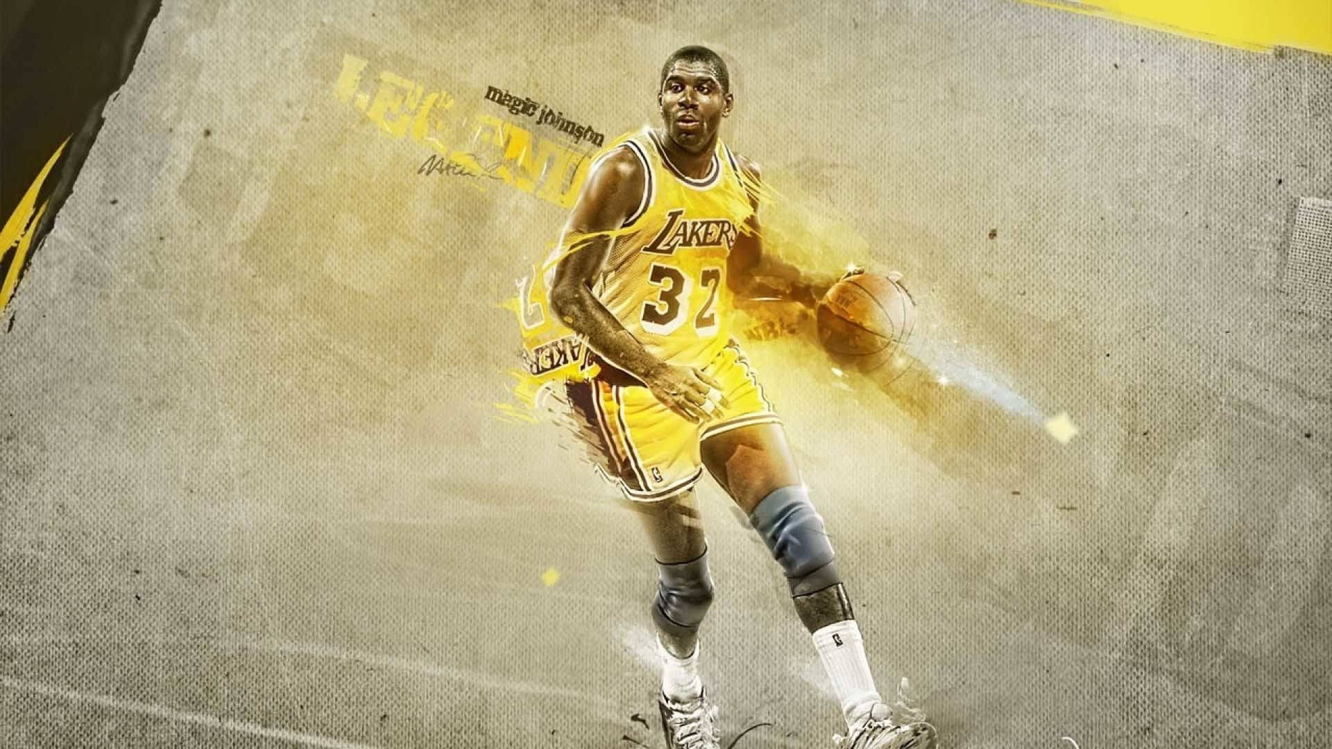 Magic Johnson 桌布 壁紙 — 一幅動態數位藝術肖像，描繪魔術強森身穿湖人隊球衣，帶著動態模糊和金色光效運球。
