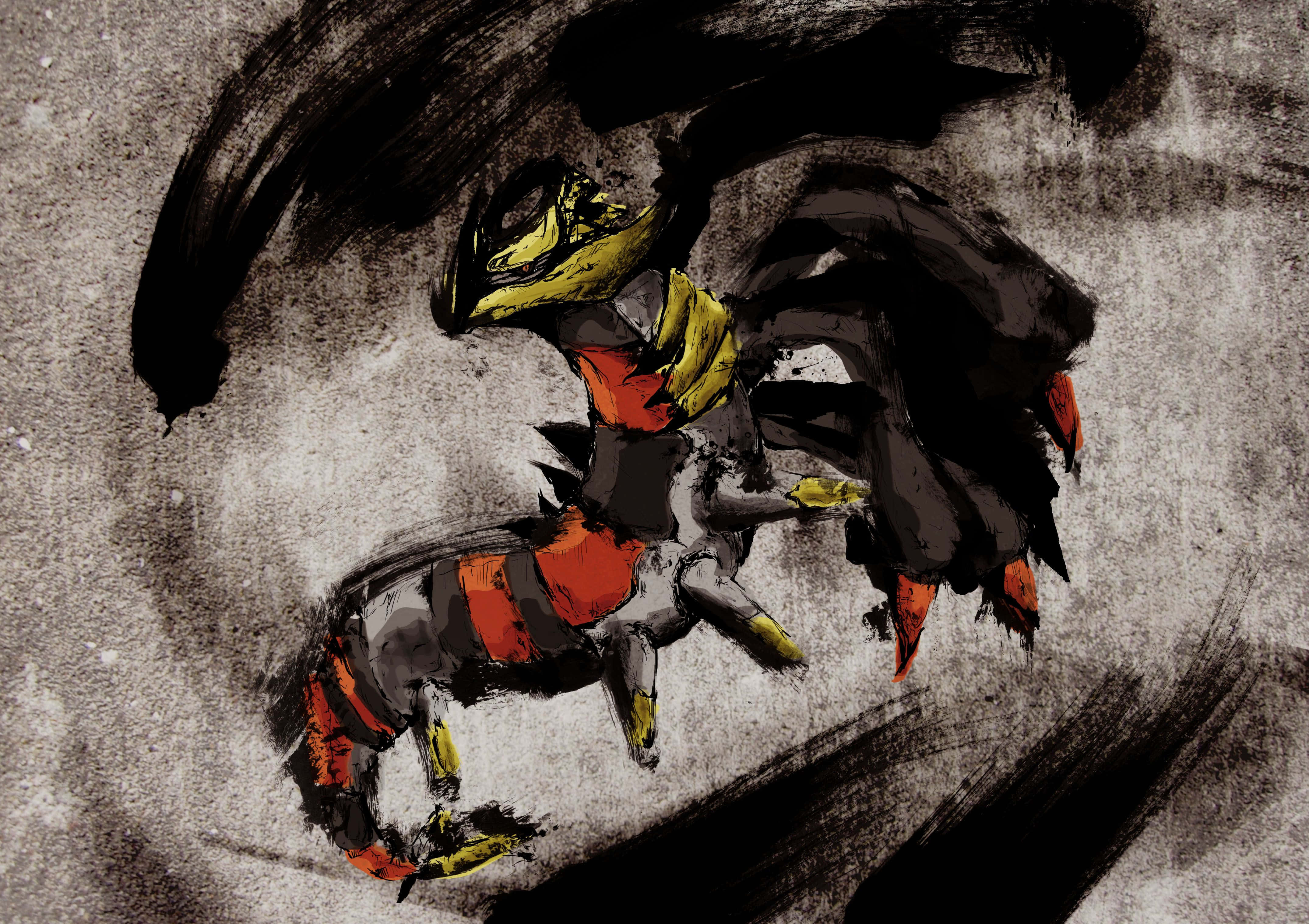 Pokemon Fan Art 桌布 壁紙 — 一幅動態水墨插圖，描繪了一條風格化的龍，帶有火熱的橙色和黃色點綴，背景為煙霧繚繞的灰色。