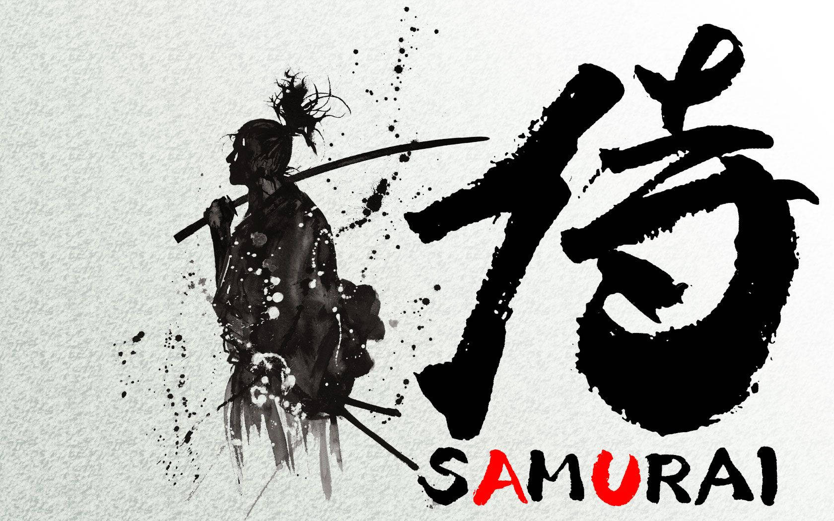 日本武士 桌布 壁紙 — 一幅動態水墨畫插圖，描繪武士剪影手持武士刀，旁邊有粗獷的毛筆漢字和紅色「SAMURAI」文字。