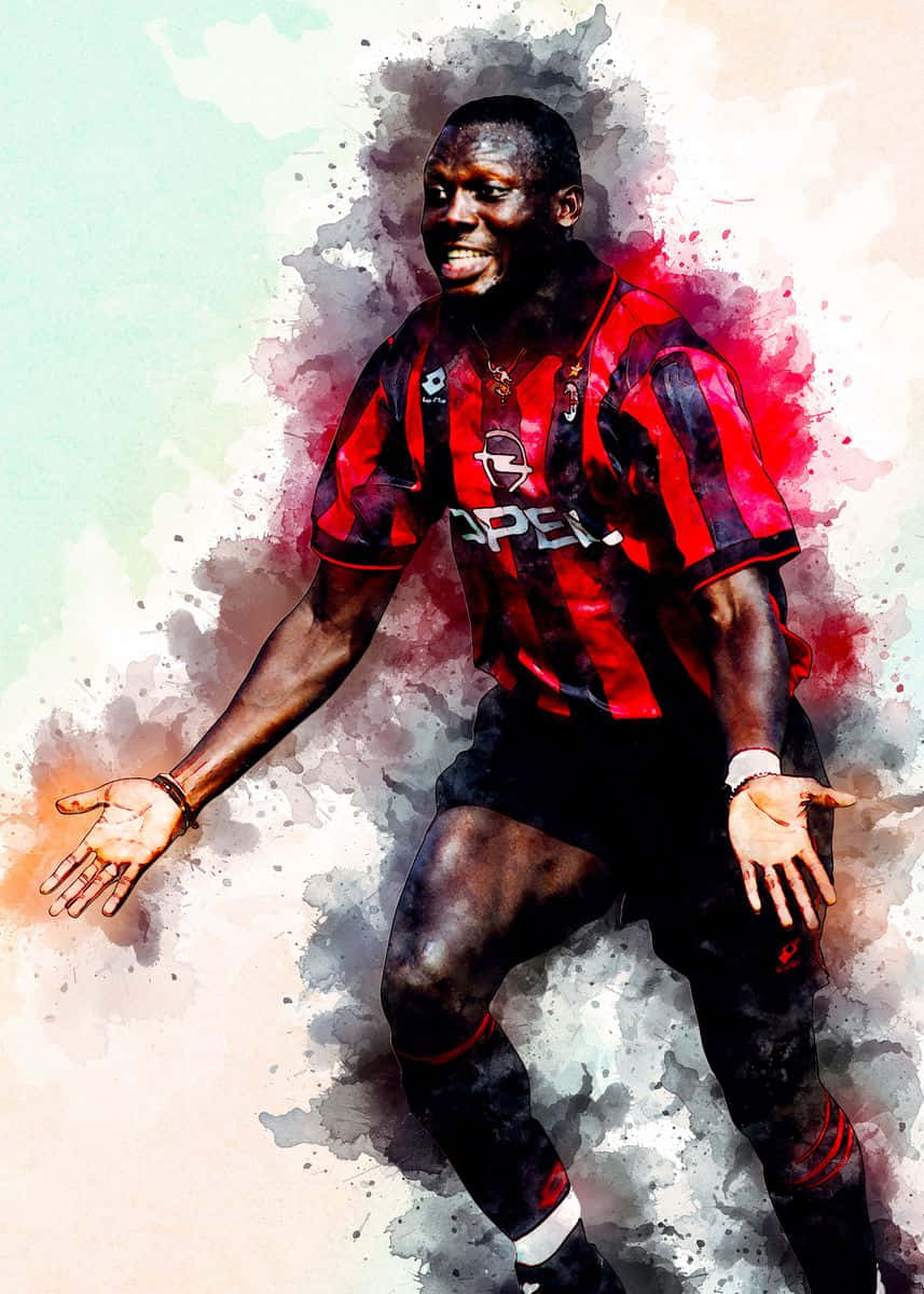 Ac Milan 桌布 壁紙 — 一幅動態水彩插圖，描繪一位微笑的足球員身穿紅黑條紋球衣，雙臂張開，背景帶有潑濺效果。