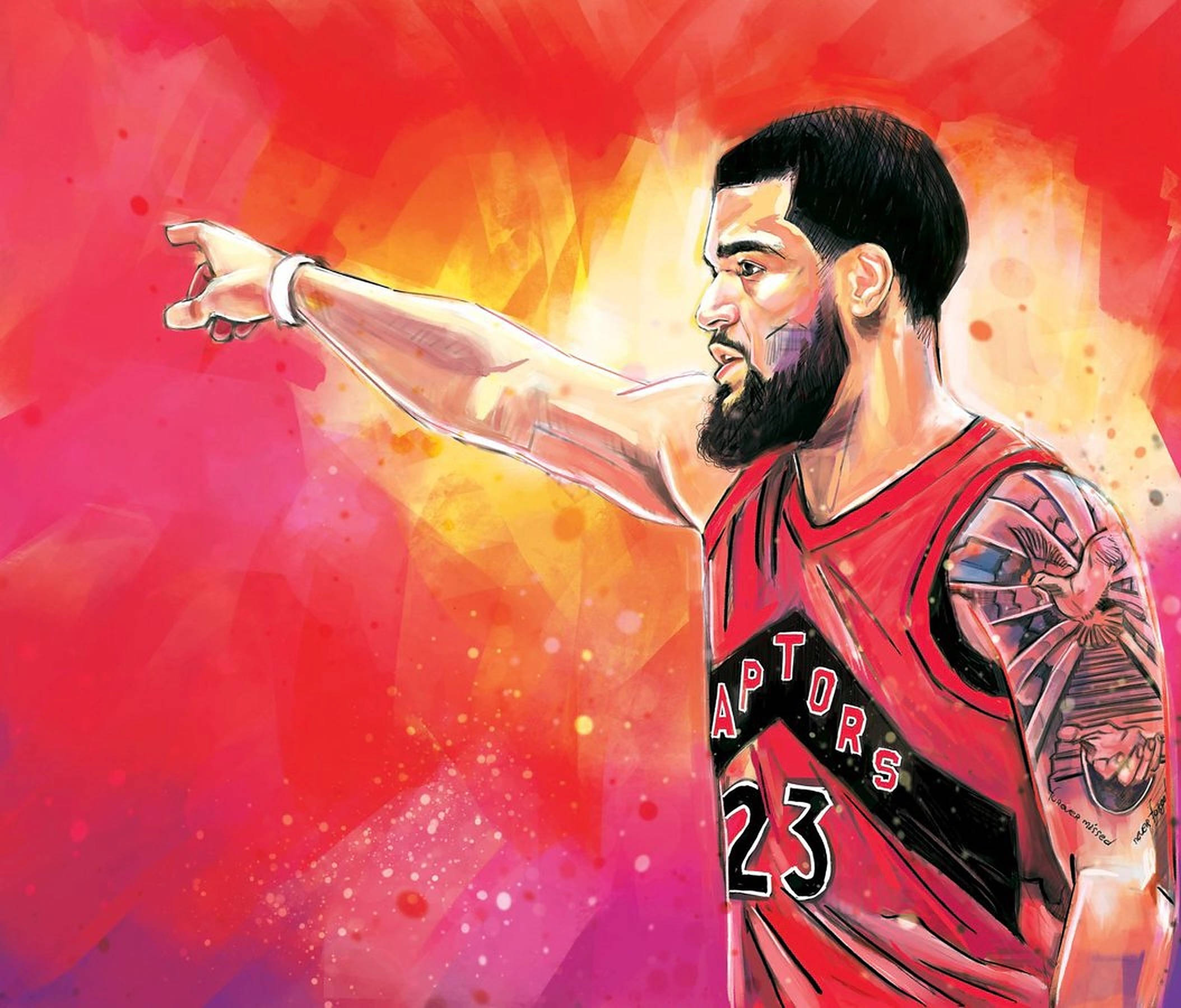 Fred Vanvleet 桌布 壁紙 — 一幅動態水彩插圖，描繪一位留鬍子的籃球運動員身穿紅色Raptors球衣，在熾熱的紅橙色抽象背景前向前指。