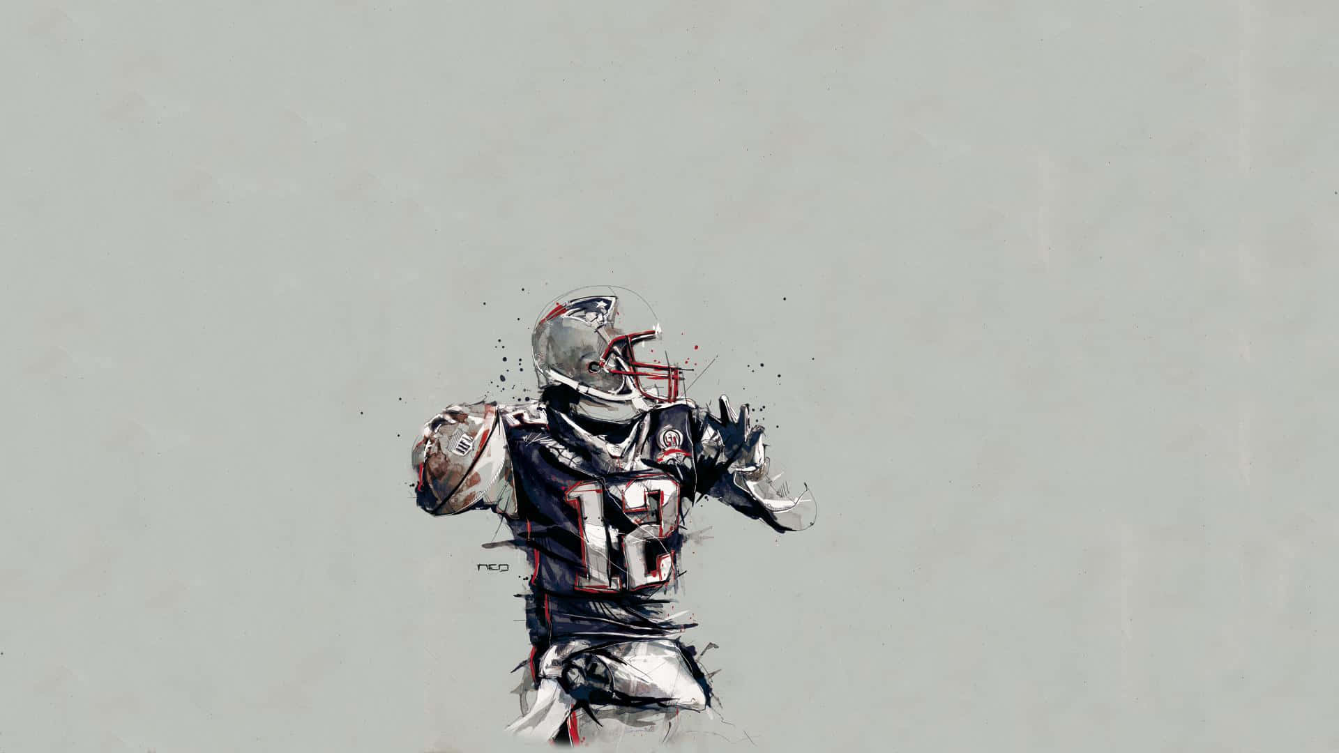 Patriots 桌布 壁紙 — 一幅動態水彩插圖，描繪一位身穿愛國者隊12號球衣的足球運動員在柔和灰色背景中正在投球的瞬間。