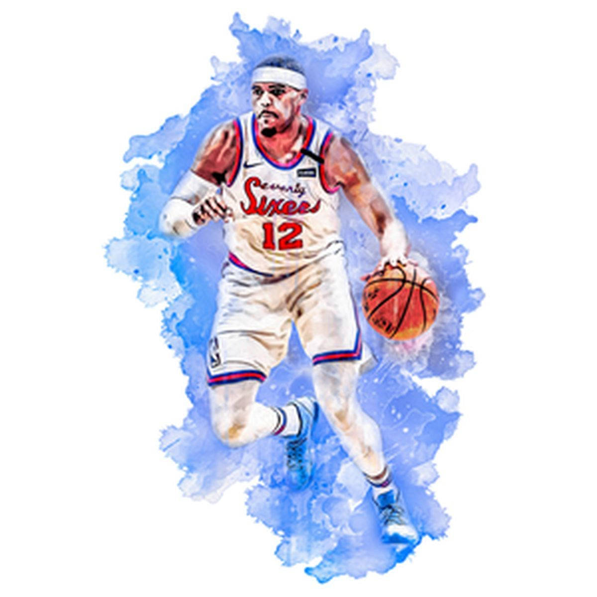 NBA 桌布 壁紙 — 一幅動態水彩插圖，描繪一名身穿Sixers球衣的籃球運動員，在藍色潑濺背景下專注地運球。