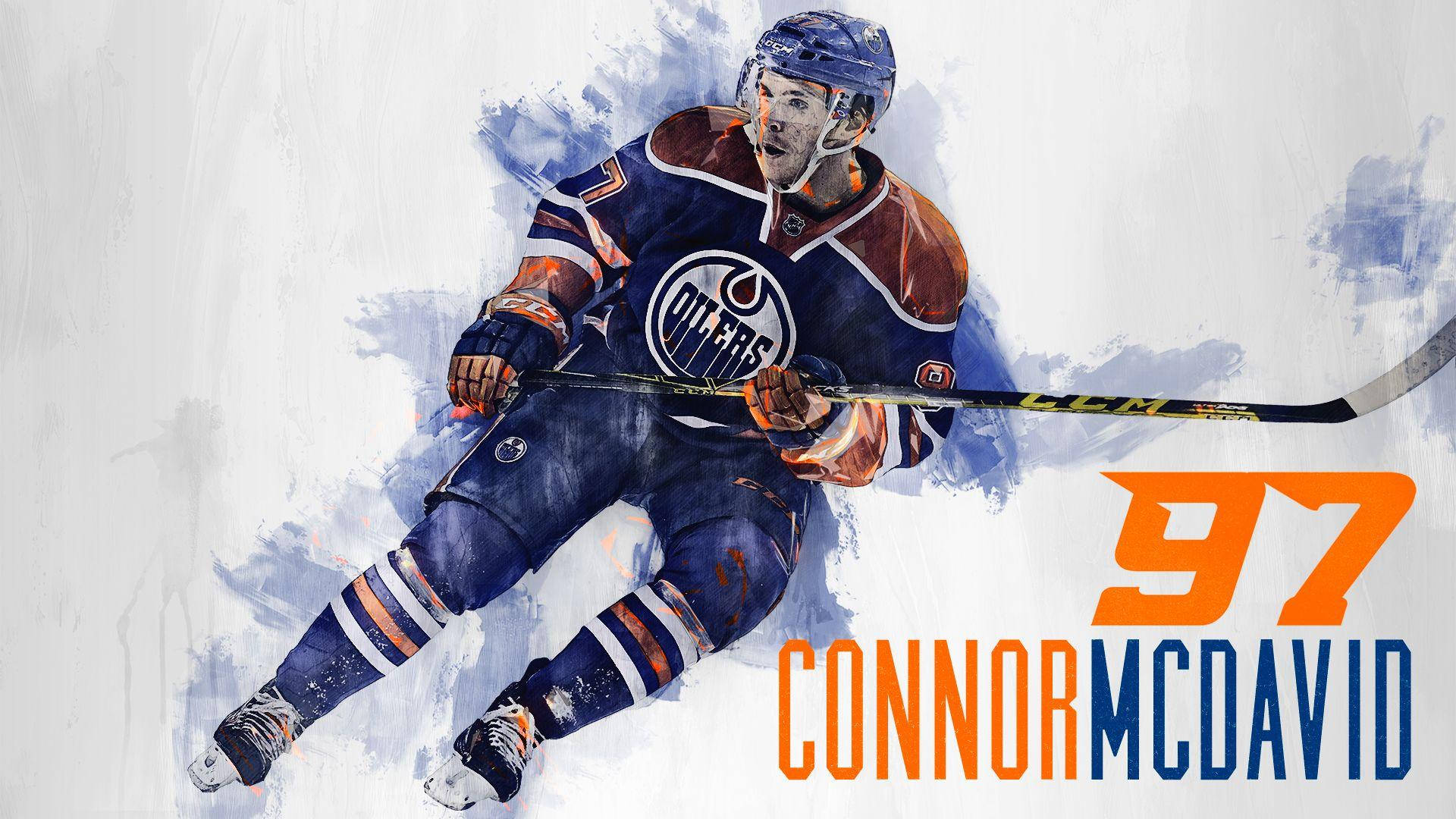 hockey 桌布 壁紙 — 一幅動態水彩插圖，描繪冰球運動員 Connor McDavid 穿著 Edmonton Oilers 裝備在比賽中。