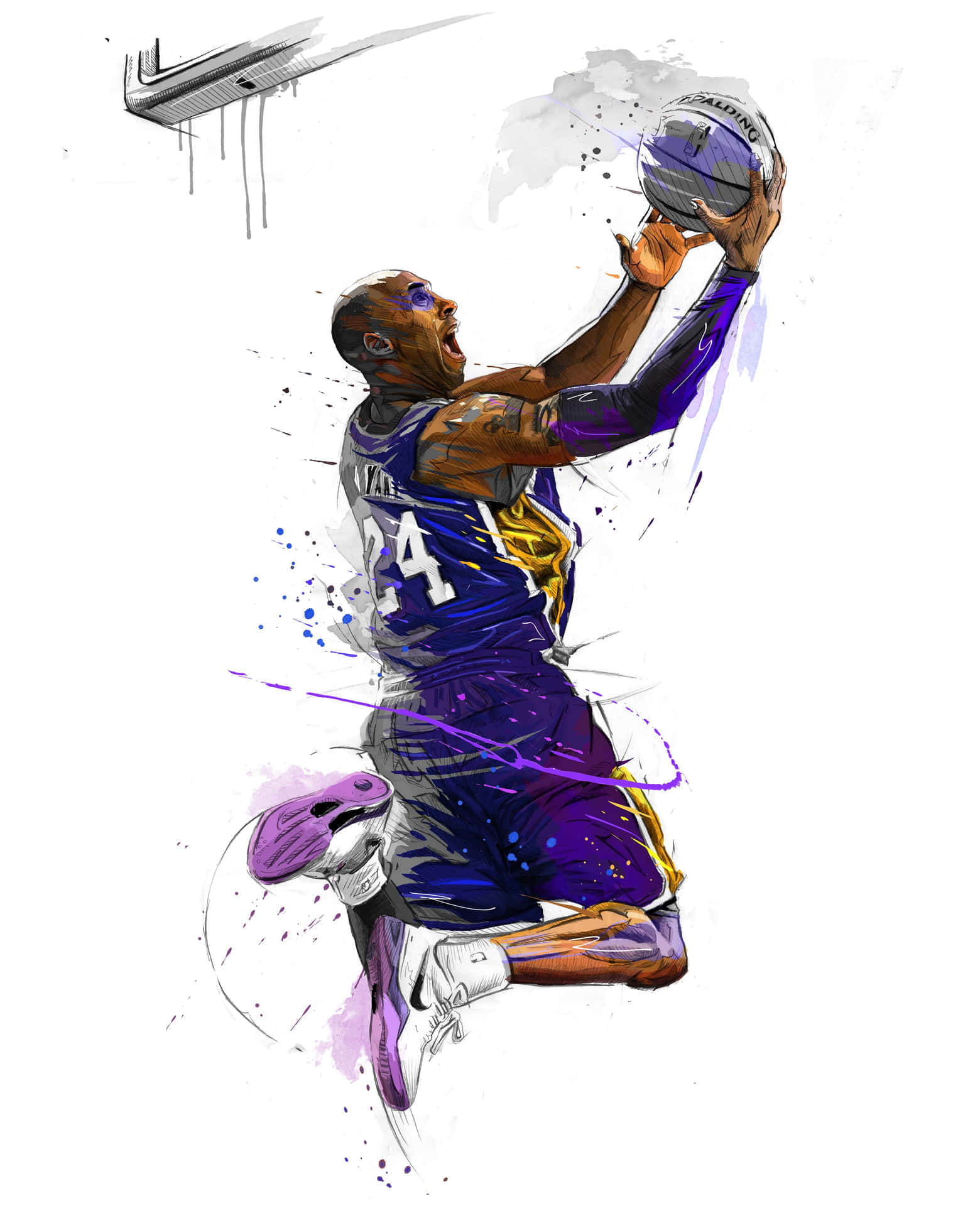 科比 桌布 壁紙 — 一幅動態水彩插圖，描繪柯比·布萊恩（Kobe Bryant）在半空中灌籃籃球，帶有紫色和金色的潑濺效果。