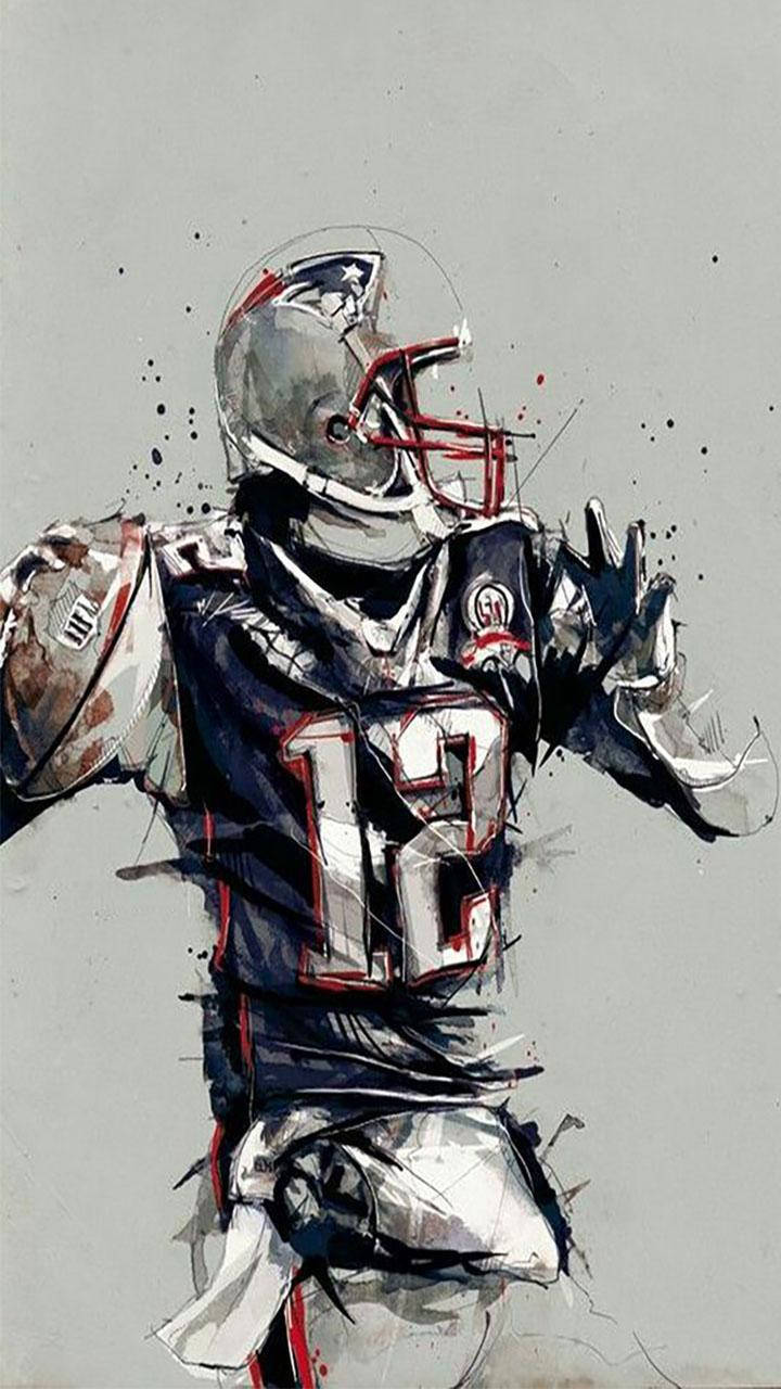 HD Football 桌布 壁紙 — 一幅動態水彩插圖，描繪身穿愛國者隊12號球衣的足球運動員，帶有飛濺墨水效果。