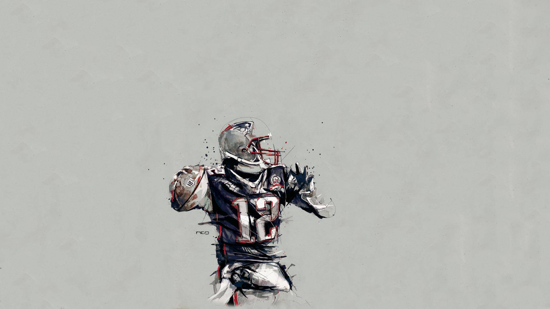 Patriots 桌布 壁紙 — 一幅動態水彩潑濺插圖，描繪一名身穿愛國者隊12號球衣的足球運動員在柔和灰色背景中正在投球。