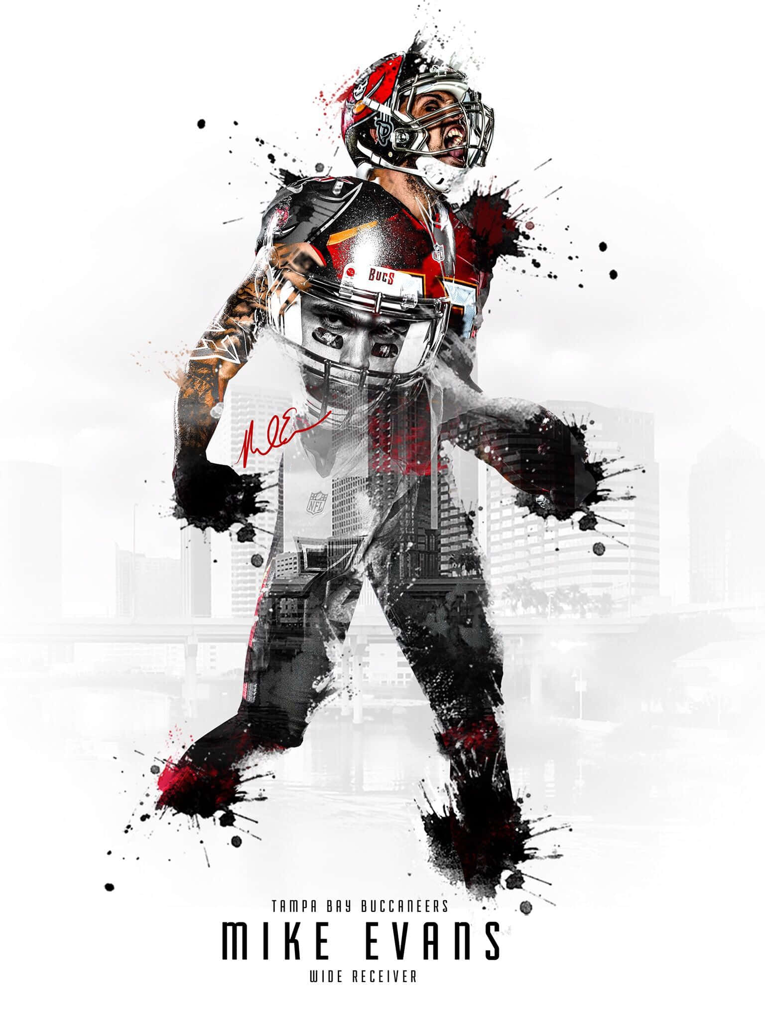 Mike Evans 桌布 壁紙 — 一幅動態水彩潑濺藝術作品，描繪了NFL外接手Mike Evans身穿坦帕灣海盜隊裝備，背景是模糊的城市景觀。