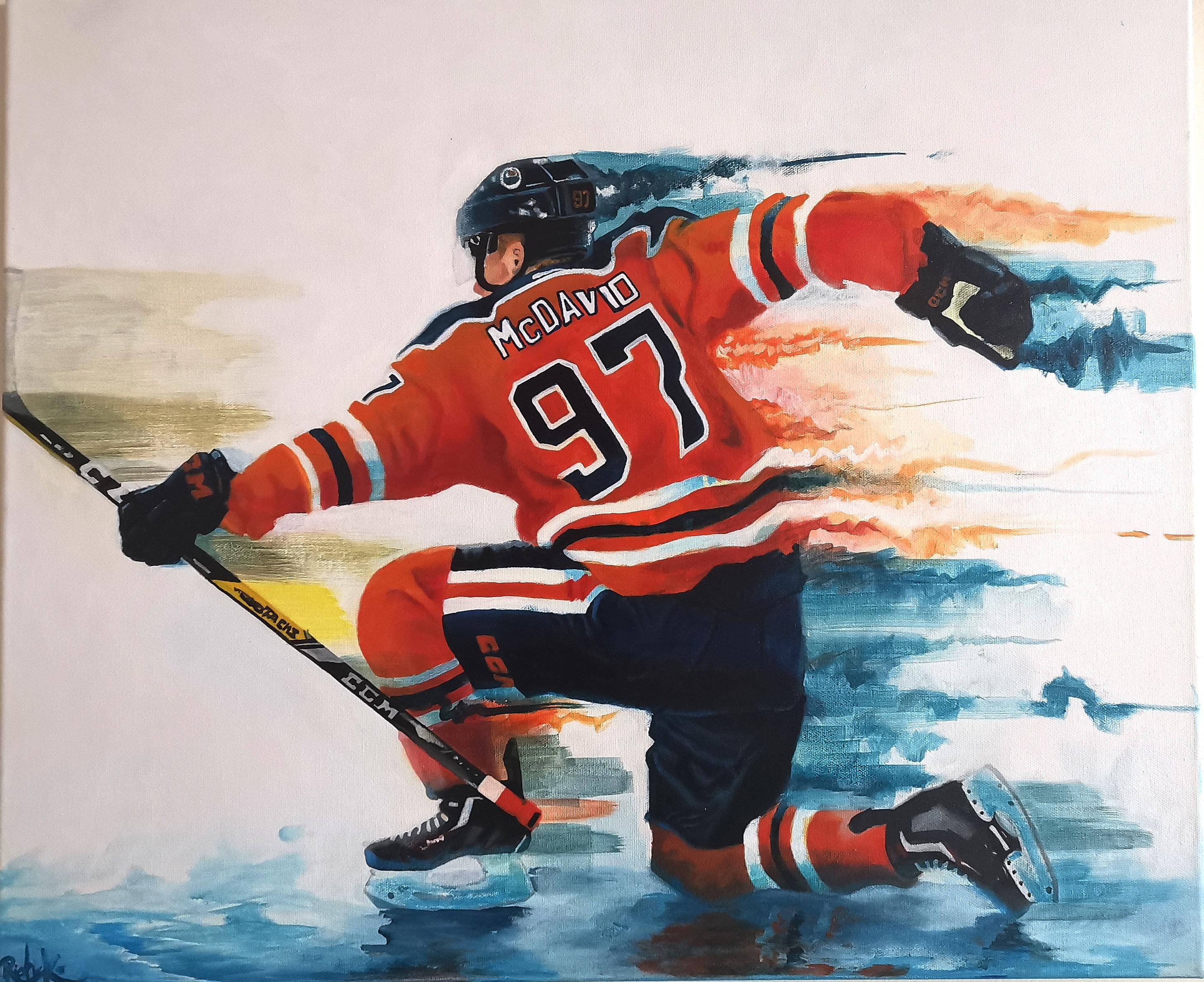 hockey 桌布 壁紙 — 一幅動態水彩畫，描繪冰球運動員麥克戴維穿著紅色97號球衣，以動態模糊效果滑冰。