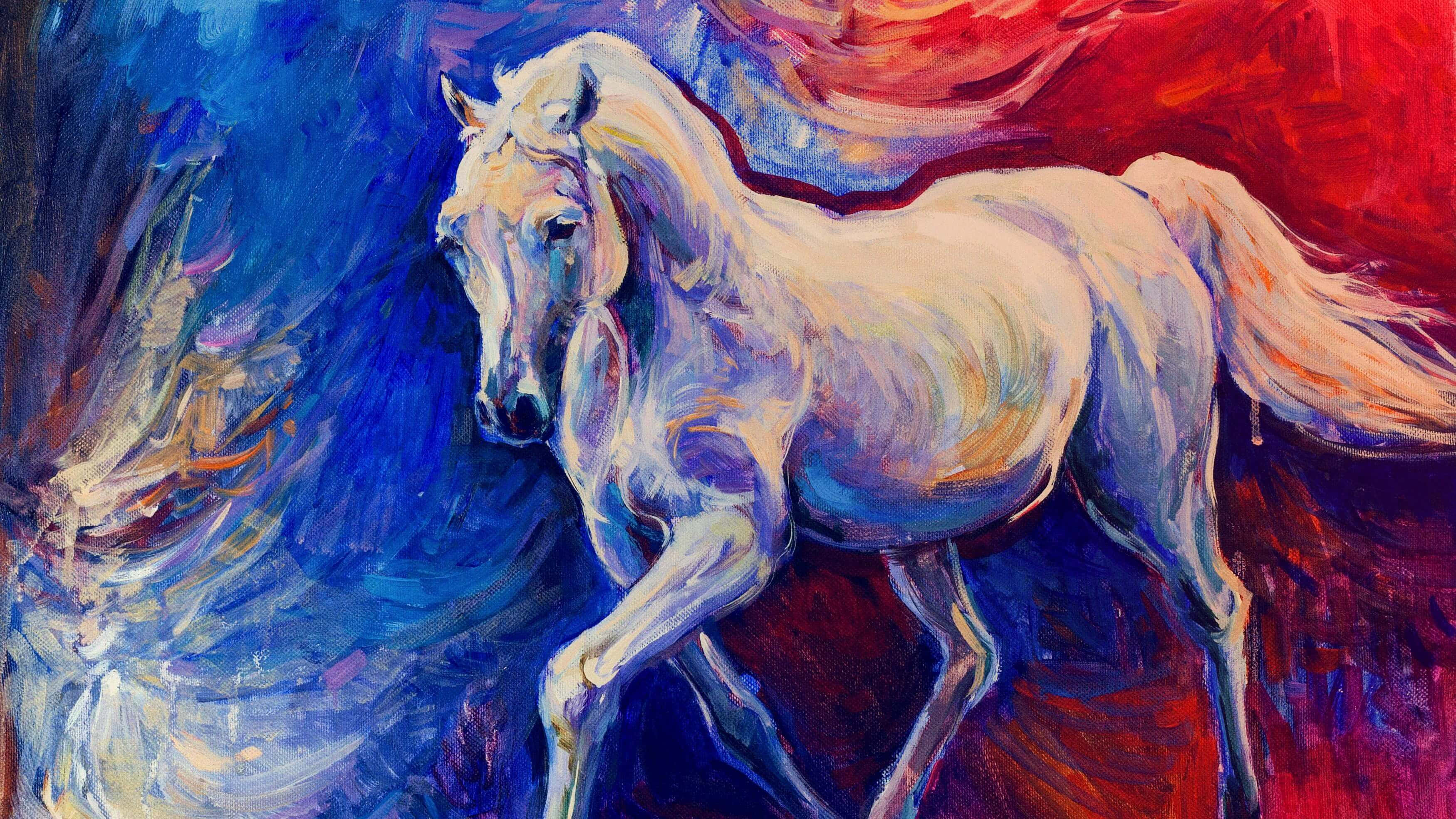 Painting 桌布 壁紙 — 一幅動態油畫，描繪一匹白馬在旋轉的藍色和紅色抽象背景上奔騰。