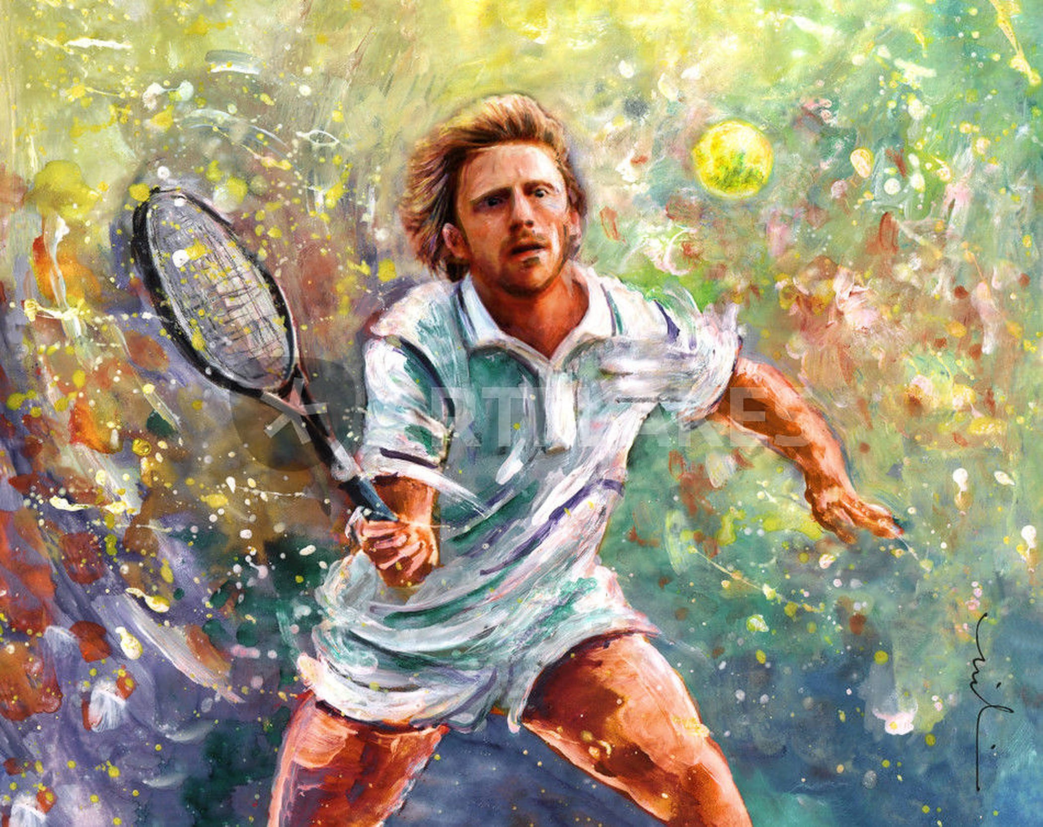 Boris Becker 桌布 壁紙 — 一幅動態油畫，描繪一名男性網球運動員揮拍中，黃色球體和充滿活力的抽象背景。