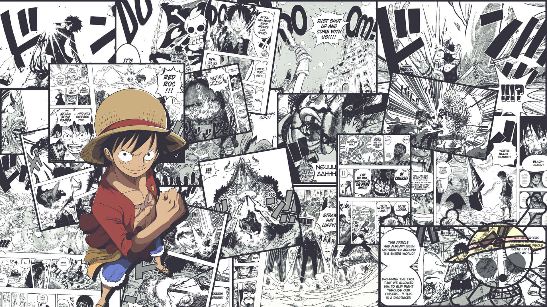 Manga Pages 桌布 壁紙 — 一幅動態漫畫拼貼畫，魯夫在前景，周圍是混亂的漫畫格、對話氣泡和動作場景。