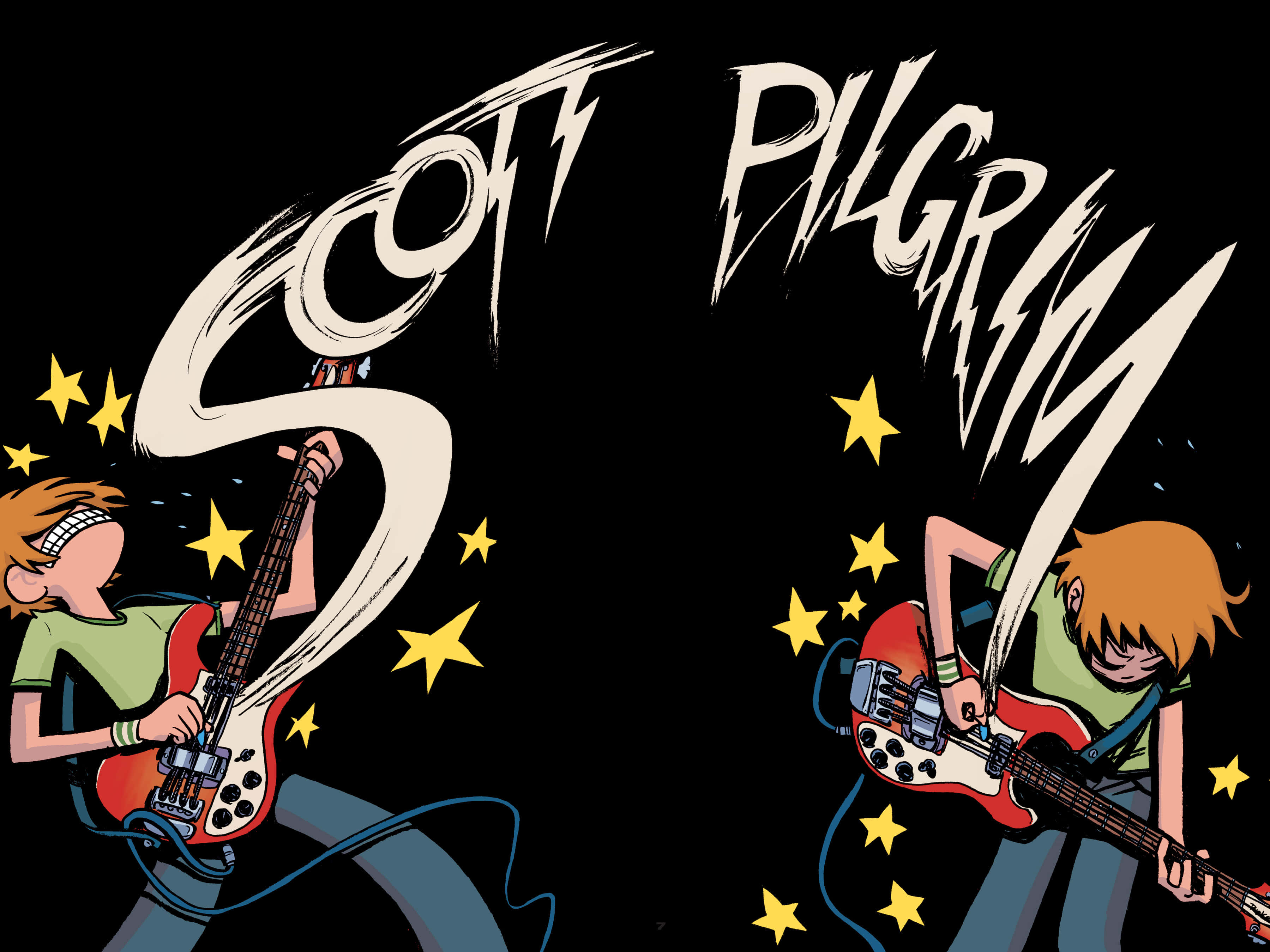 scott pilgrim 桌布 壁紙 — 一幅動態漫畫插圖，描繪Scott Pilgrim在黑色背景上彈吉他，黃色星星在他周圍爆發。