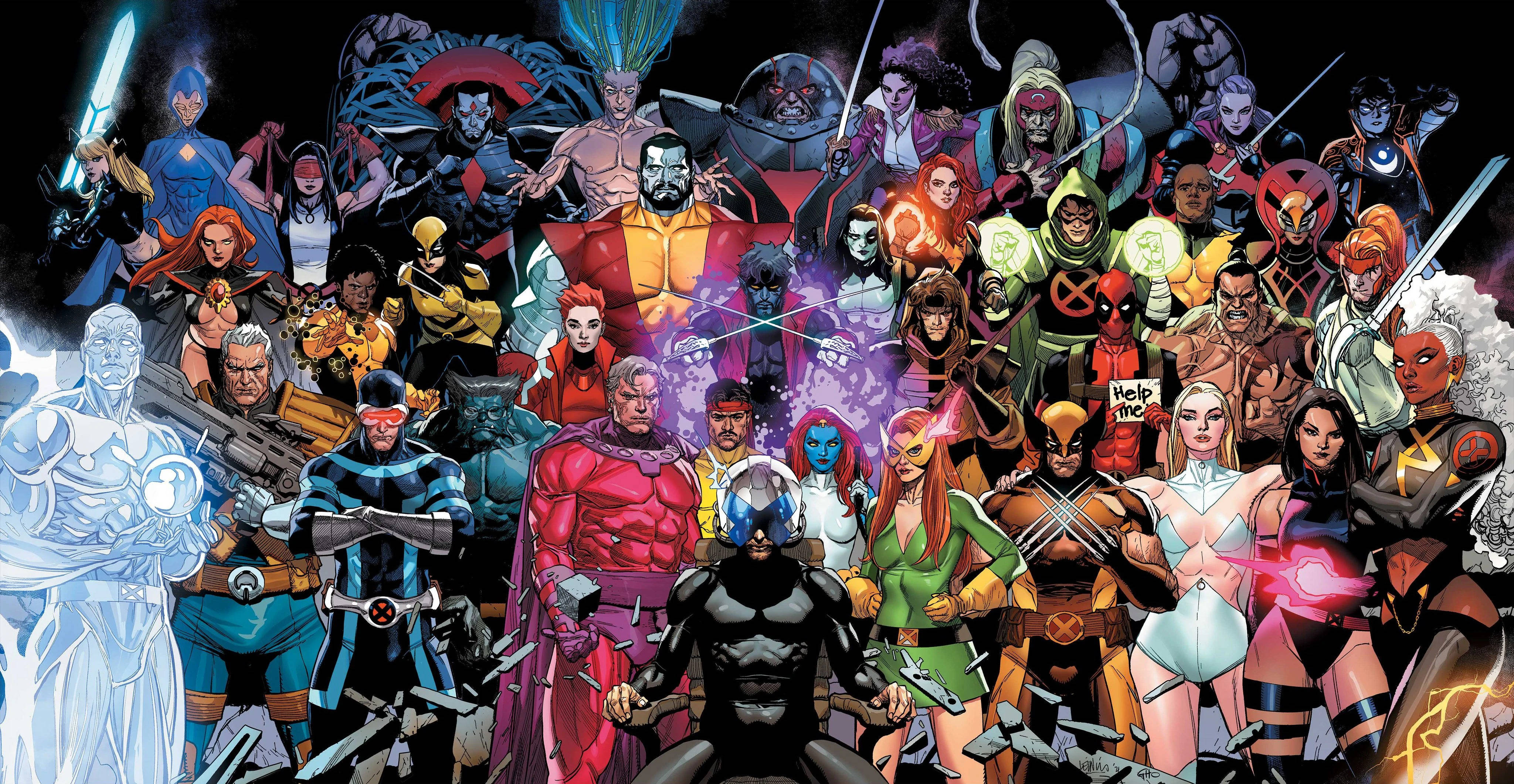 Marvel Aesthetic 桌布 壁紙 — 一幅動態漫畫插圖，描繪一大群X戰警和變種人以英雄姿態站在深色背景前。