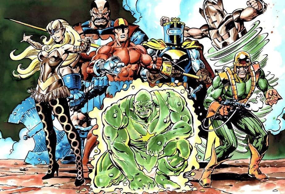 Masters Of Evil 桌布 壁紙 — 一幅動態漫畫插圖，描繪七個肌肉發達的超級英雄和反派，在暴風雨的天空下英勇地擺出姿勢。