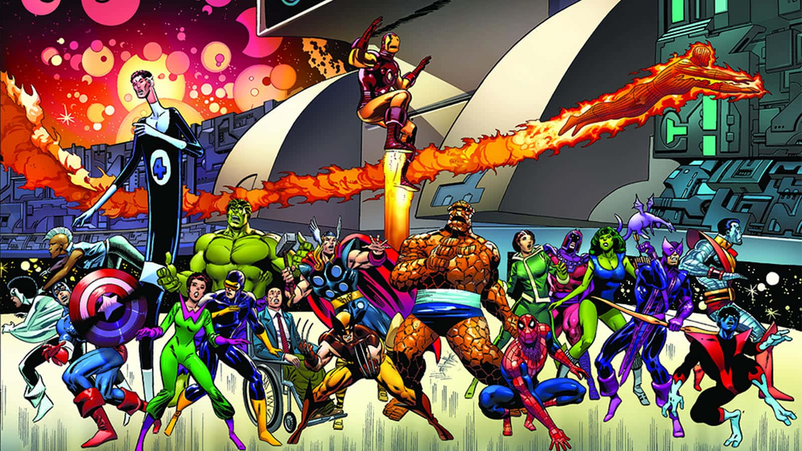 Secret Wars 桌布 壁紙 — 一幅動態漫畫插圖，描繪了像浩克和蜘蛛人這樣的漫威超級英雄在熾熱的宇宙背景下英勇地擺出姿勢。