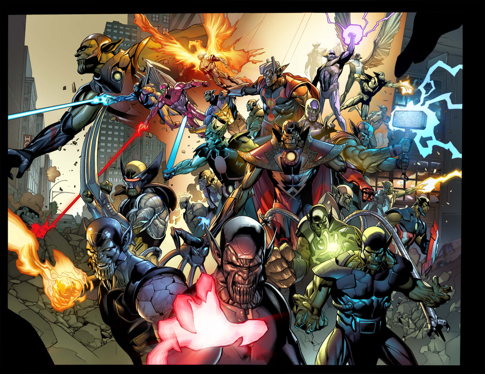 Secret Invasion 桌布 壁紙 — 一幅動態漫畫插圖，描繪了超級英雄與反派在 crumbling 城市景觀中進行大規模戰鬥，伴隨著爆炸和能量衝擊波。