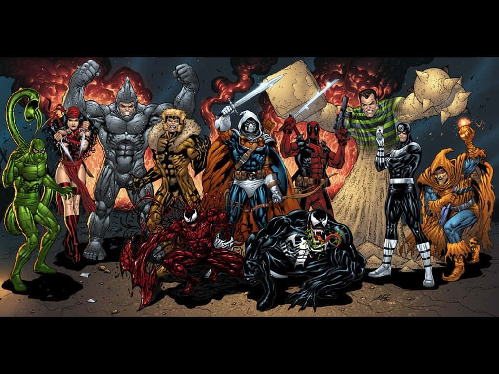 桌布 壁紙 — 一幅動態漫畫插圖，描繪十位標誌性Marvel反派站在熾熱混亂的戰場上。