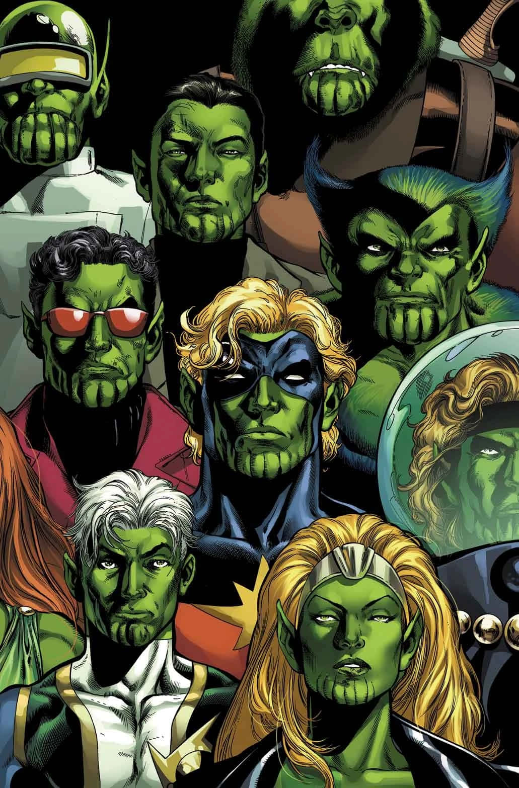 Skrulls 桌布 壁紙 — 一幅動態漫畫插圖，描繪多位綠色皮膚的超級英雄，表情強烈，服裝多樣。