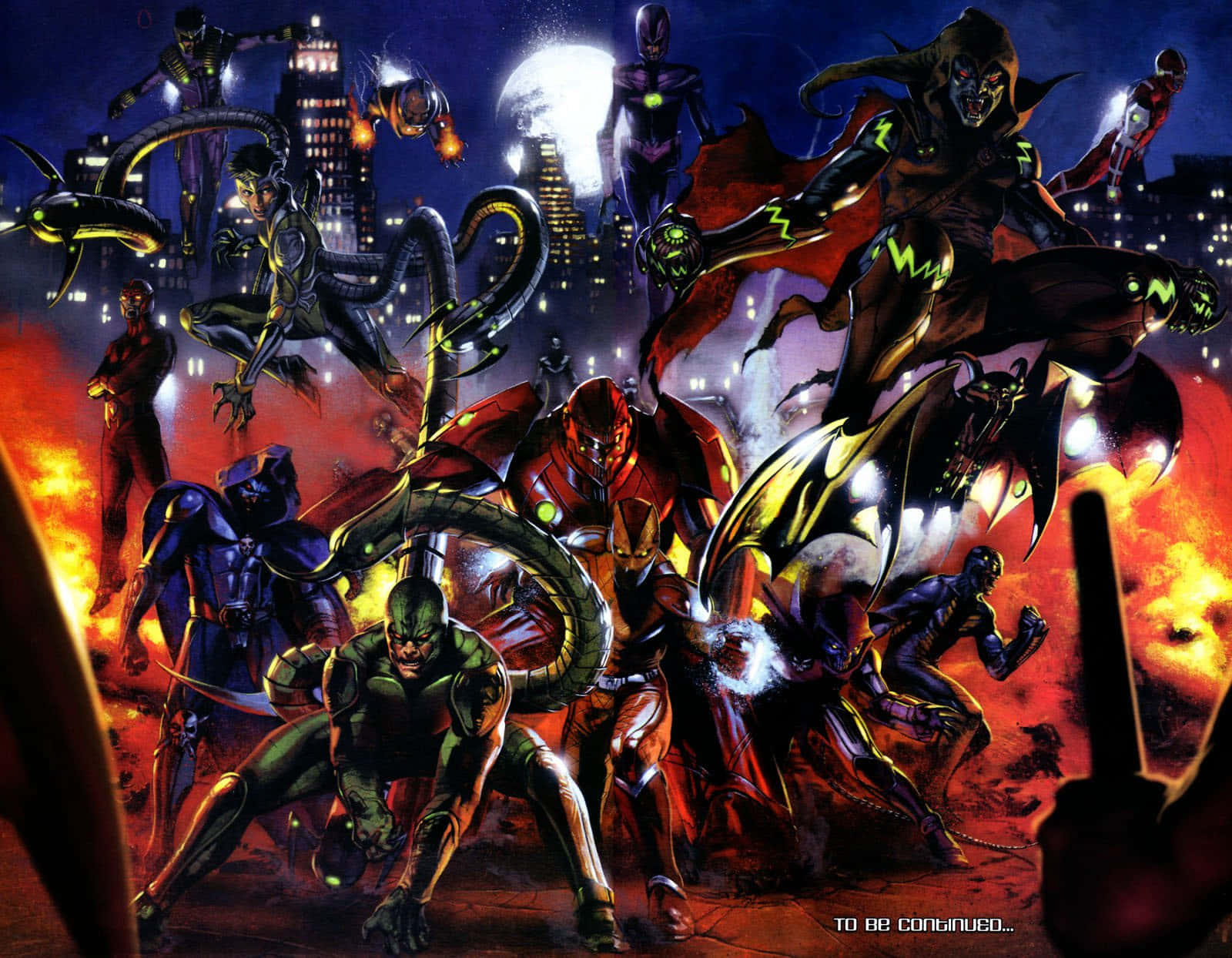 Secret Wars 桌布 壁紙 — 一幅動態漫畫插圖，描繪多位超級英雄與反派在滿月下、火海城市背景中激戰。