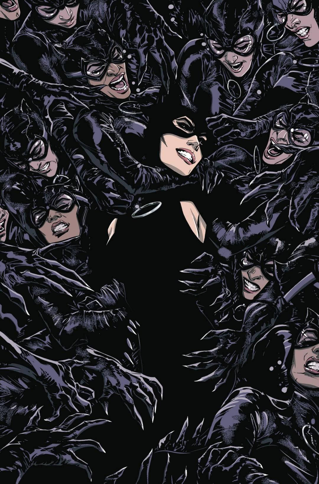 Catwoman 桌布 壁紙 — 一幅動態漫畫插圖，描繪多個穿著黑色皮革服裝的貓女角色圍繞著一個中心人物。