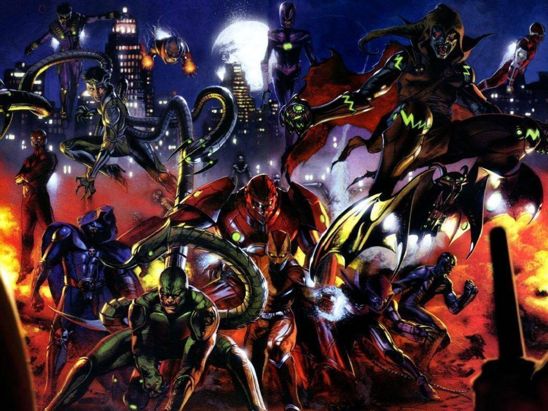 Villains 桌布 壁紙 — 一幅動態漫畫插圖，描繪多個超級英雄和反派在滿月下，於火熱的城市天際線中戰鬥。