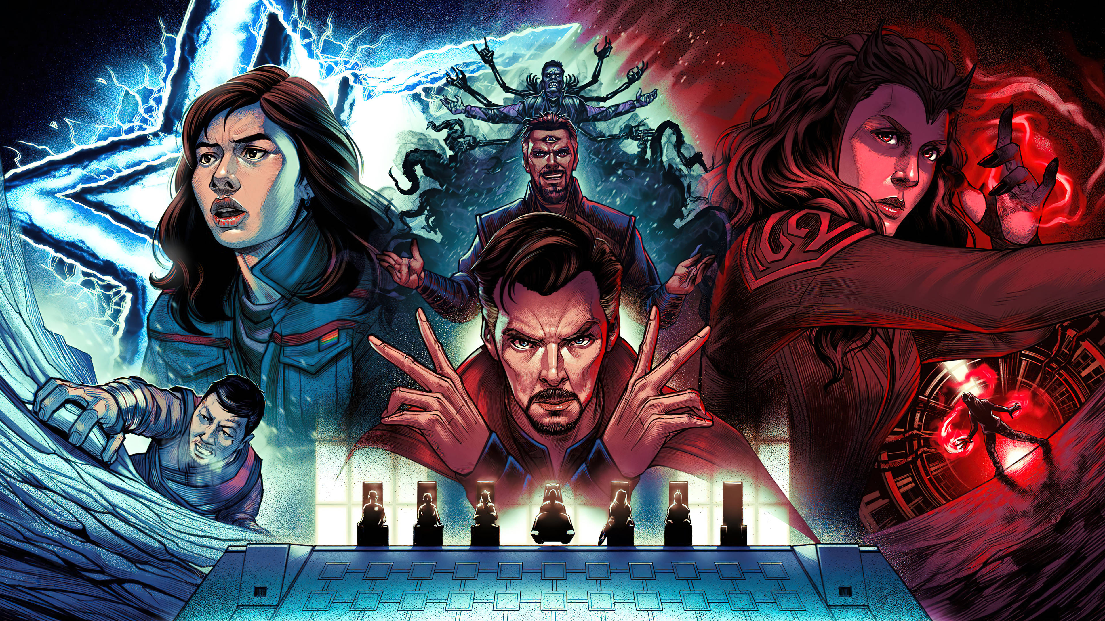 Marvel Aesthetic 桌布 壁紙 — 一幅動態漫畫插圖，描繪奇異博士、緋紅女巫及其他漫威英雄在戲劇性的魔法戰鬥場景中。