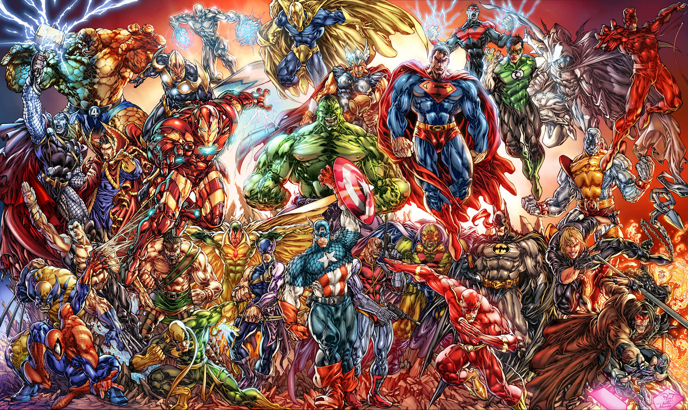 Marvel Comic Book 桌布 壁紙 — 一幅動態漫畫插圖，描繪數十位超級英雄和反派在熾熱的橙色和紅色背景前英勇地擺出姿勢。