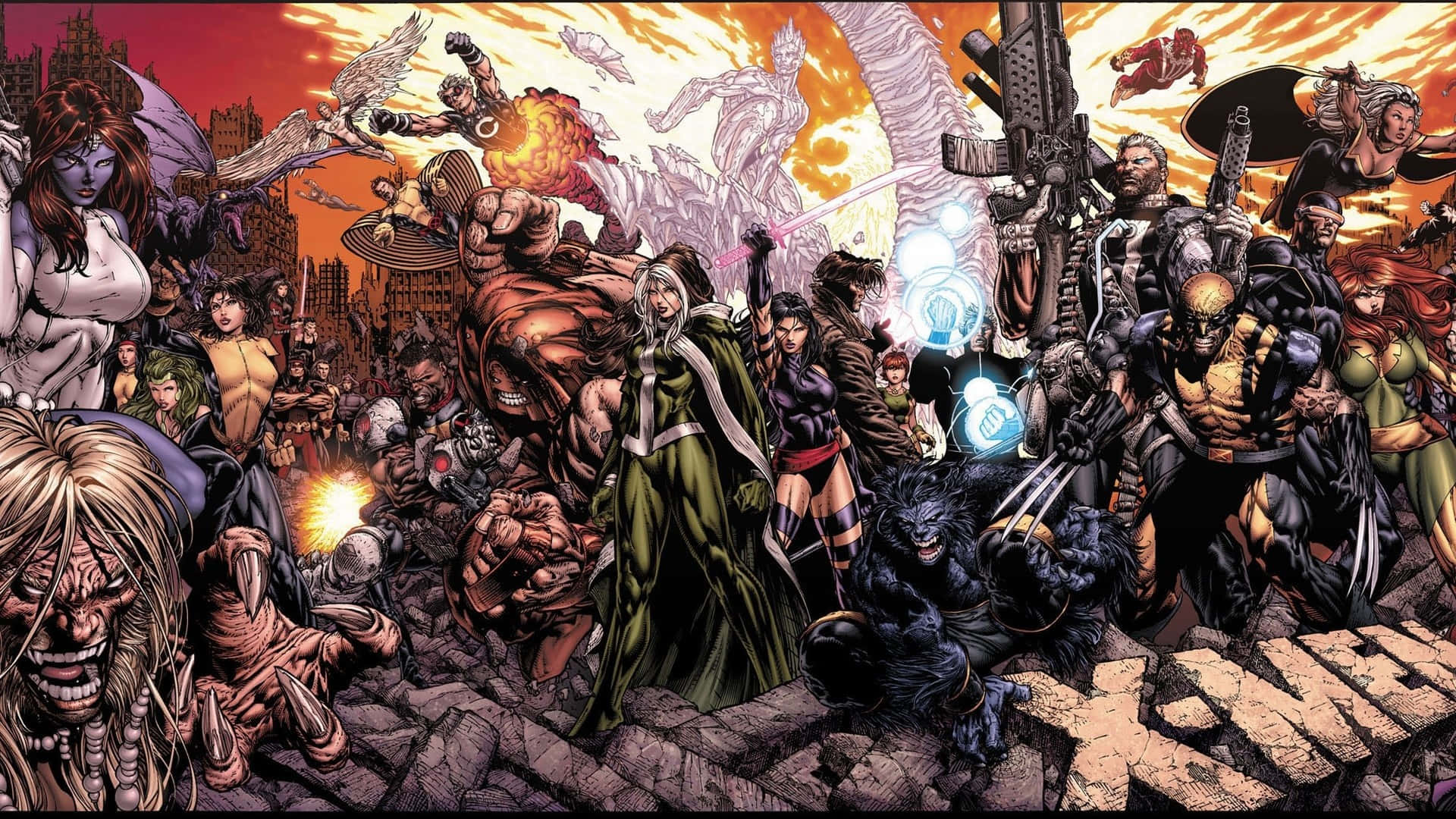Marvel Comic Book 桌布 壁紙 — 一幅動態漫畫插圖，描繪眾多超級英雄和反派在廢墟城市景觀上聚集的混亂戰鬥場景。
