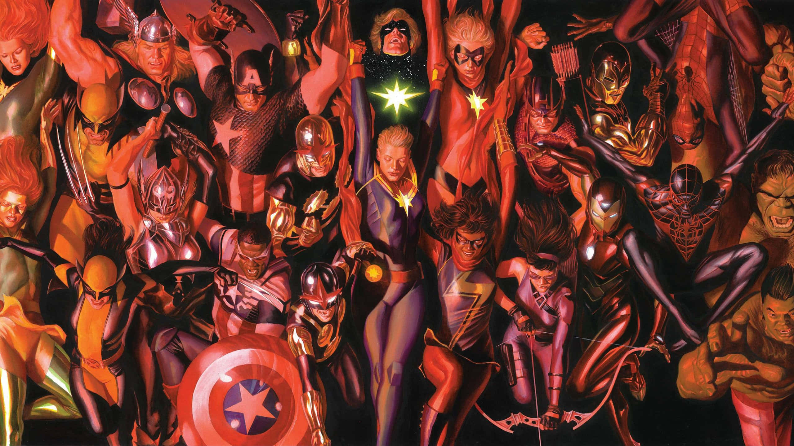 Jane Foster 桌布 壁紙 — 一幅動態漫畫插圖，描繪眾多超級英雄穿著鮮豔服裝，在黑暗背景下英勇地擺出姿勢。