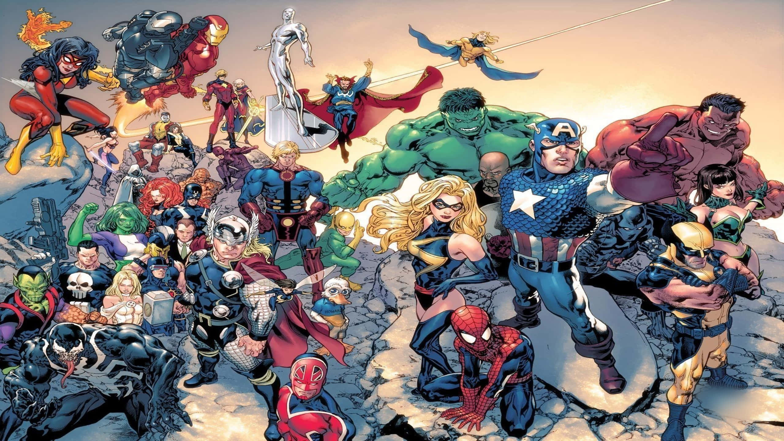 Marvel Comics 2560x1440 桌布 壁紙 — 一幅動態漫畫插圖，描繪眾多超級英雄和反派在溫暖天空下，英雄式地站在破碎的地貌上。