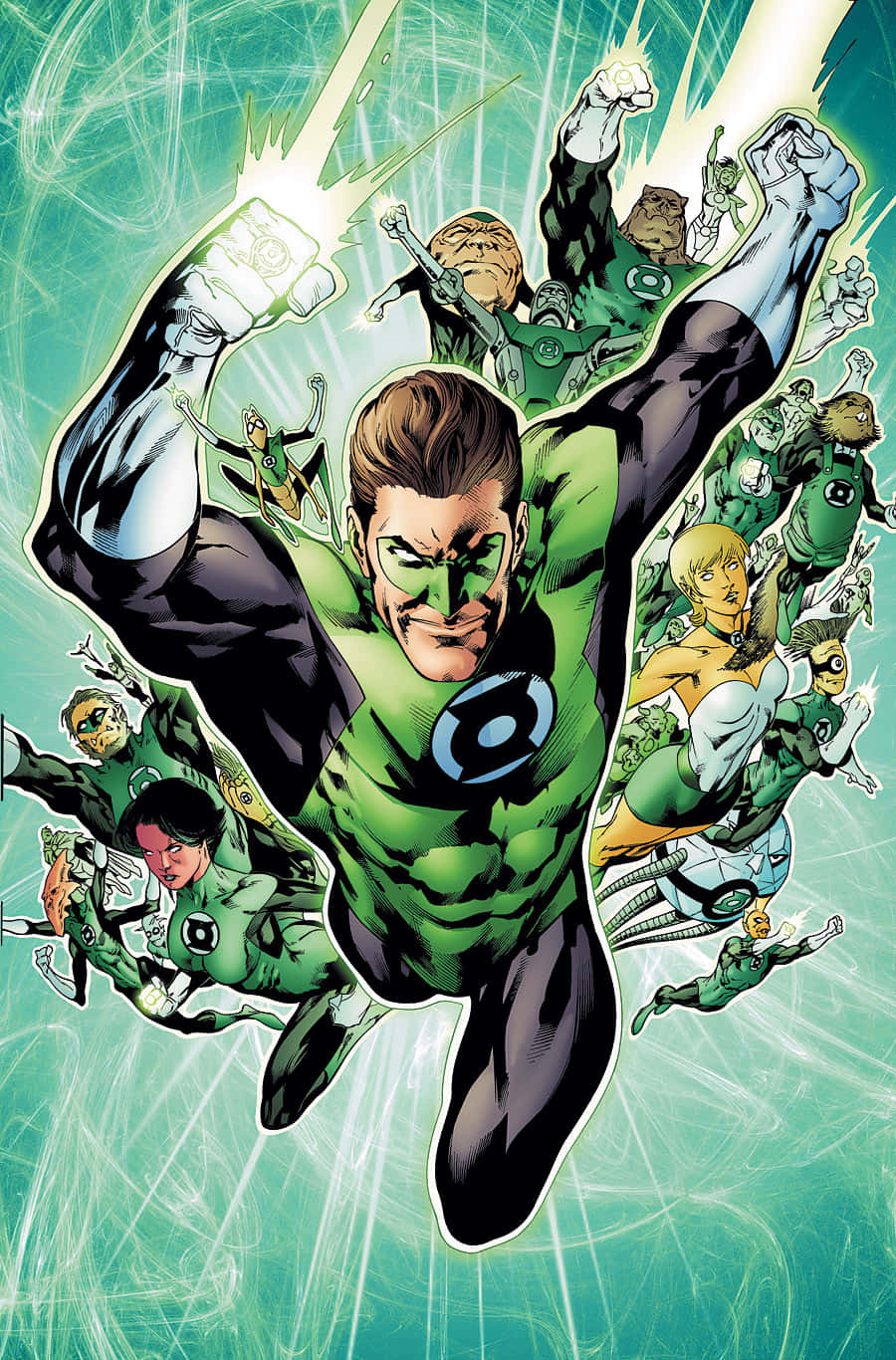 Green Lantern 桌布 壁紙 — 一幅動態漫畫插圖，描繪綠燈俠哈爾·喬丹帶領一支身穿綠色和黑色服裝的多元化超級英雄團隊，背景是旋轉的藍綠色能量。