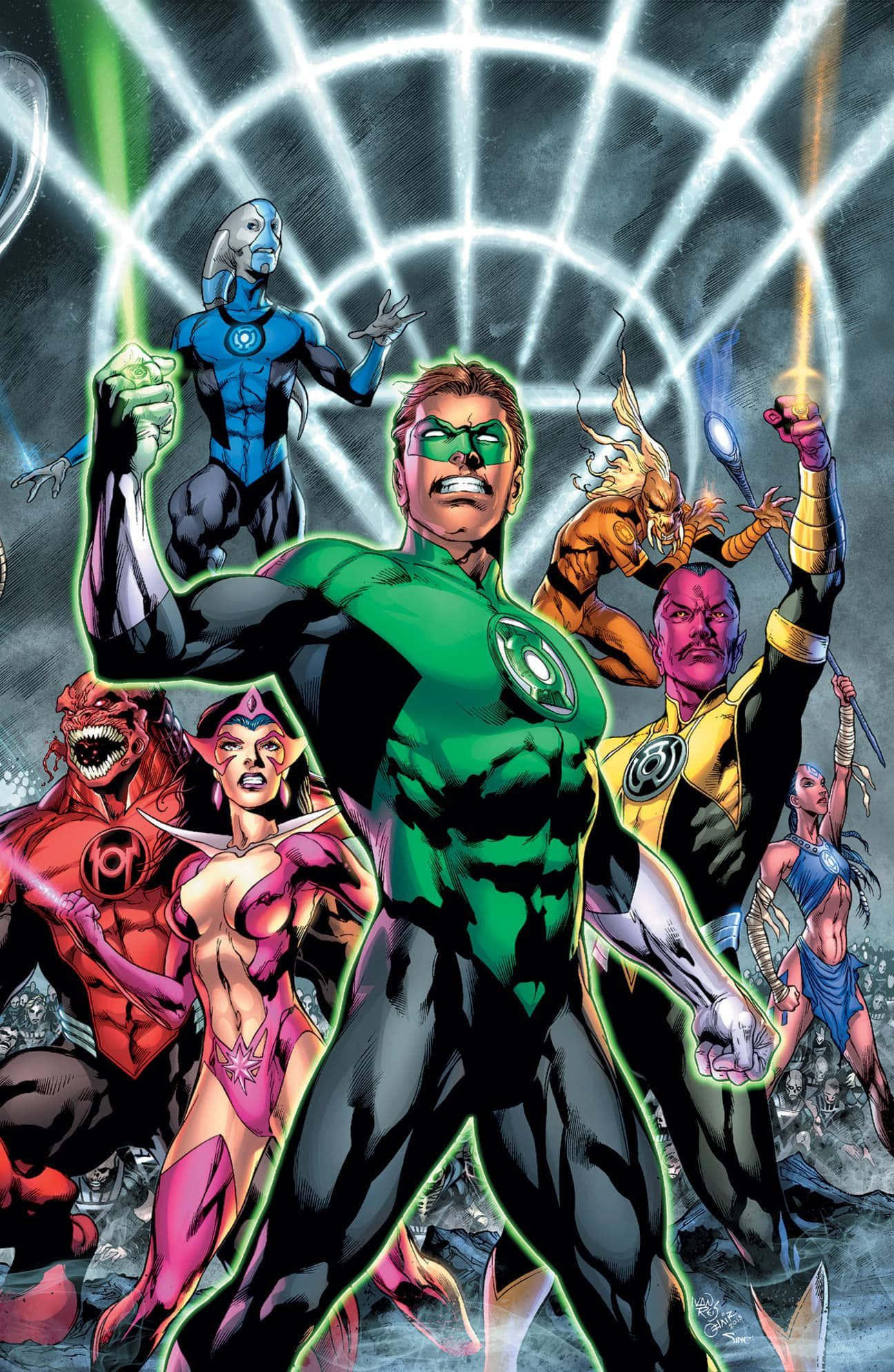 Blackest Night 桌布 壁紙 — 一幅動態漫畫插圖，描繪綠燈俠與他多元化的超級英雄盟友團隊，在光芒四射的能量網格背景下揮舞著發光的能量戒指。