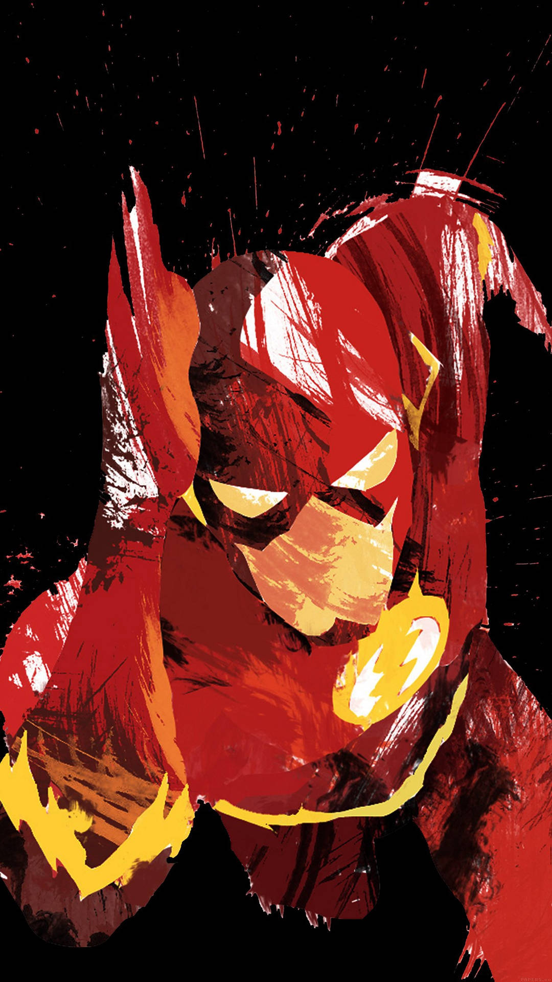 the flash iPhone 桌布 壁紙 — 一幅動態漫畫插圖，描繪閃電俠身穿紅黃色戰衣，以粗獷筆觸在黑色背景上呈現。