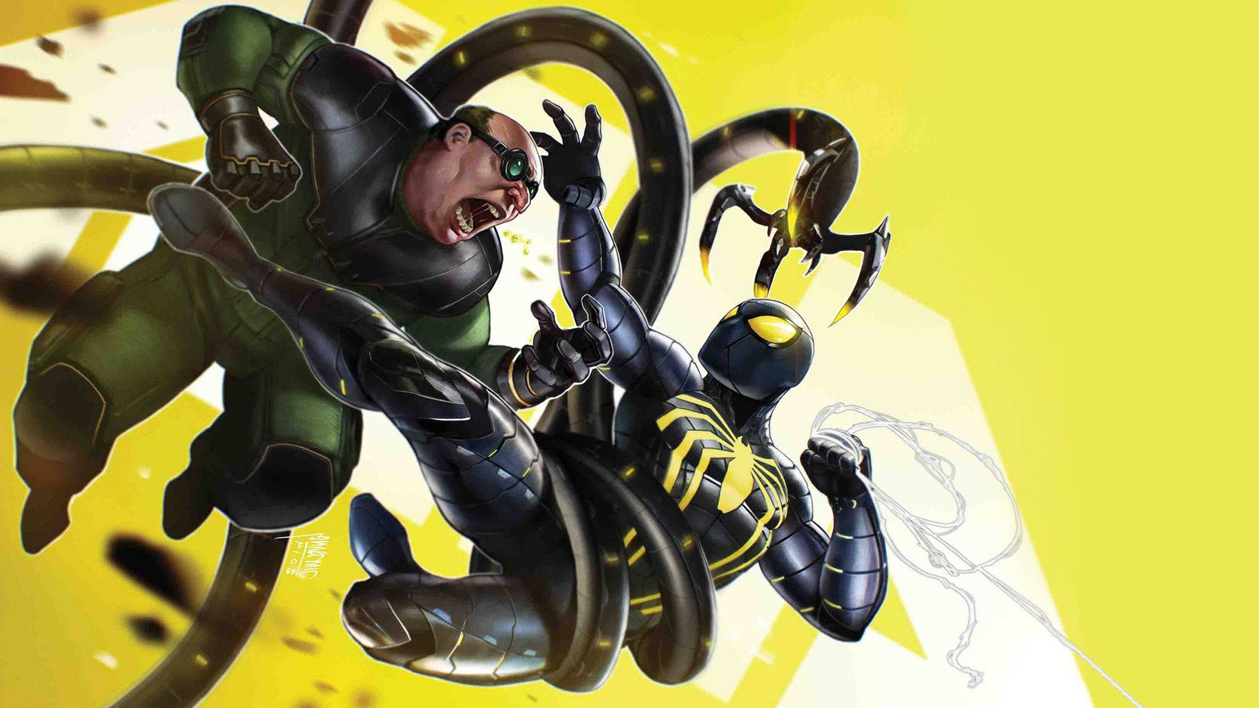 Doctor Octopus 桌布 壁紙 — 一幅動態漫畫插圖顯示，一個穿著綠色西裝、有觸手的反派，在明亮的黃色背景上與一個身穿黑黃色裝甲的英雄戰鬥。