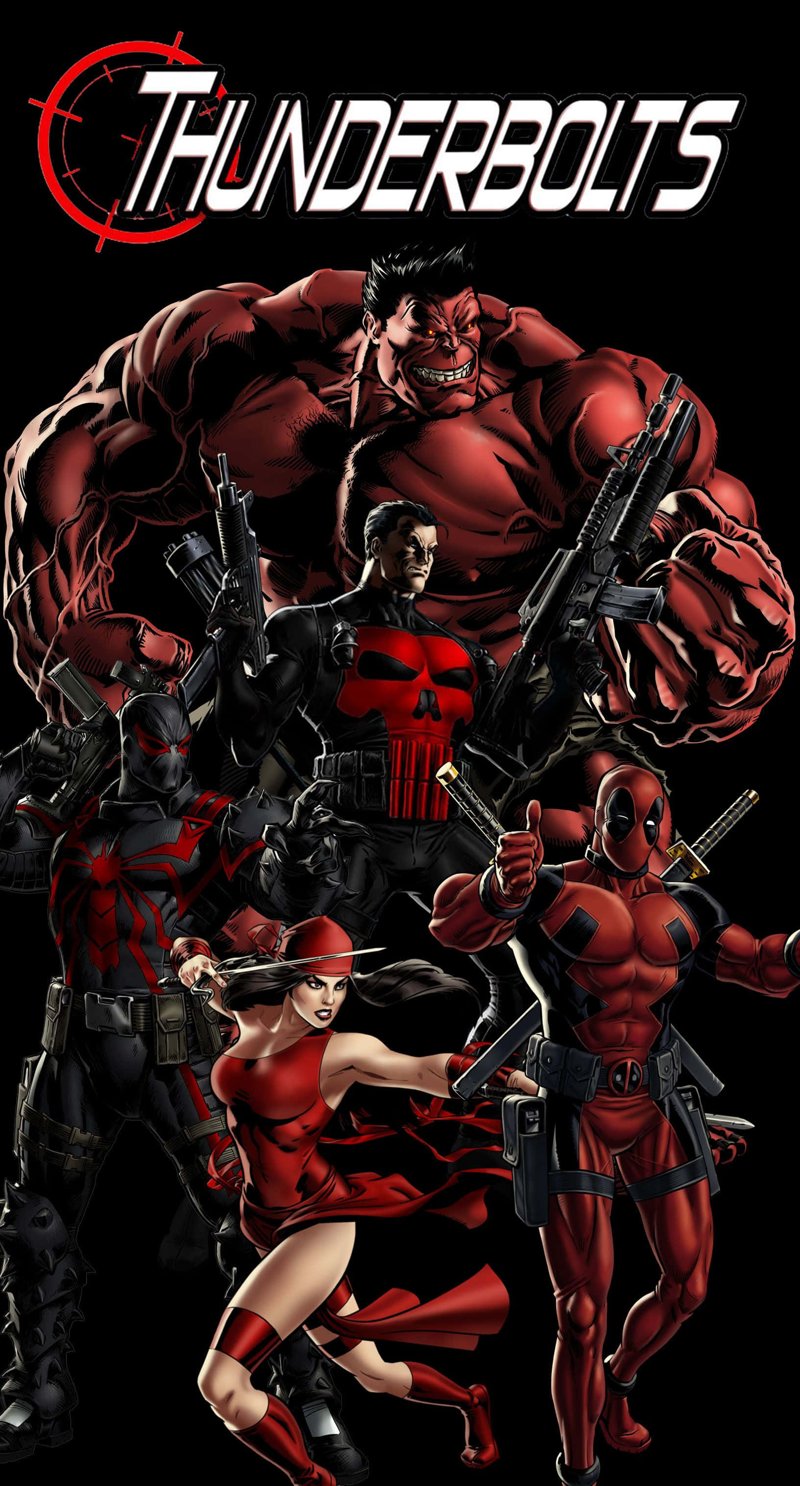 Thunderbolts 桌布 壁紙 — 一幅動態漫畫書插圖，描繪雷霆特攻隊的紅色和黑色裝甲英雄在黑色背景上擺出挑釁姿勢。