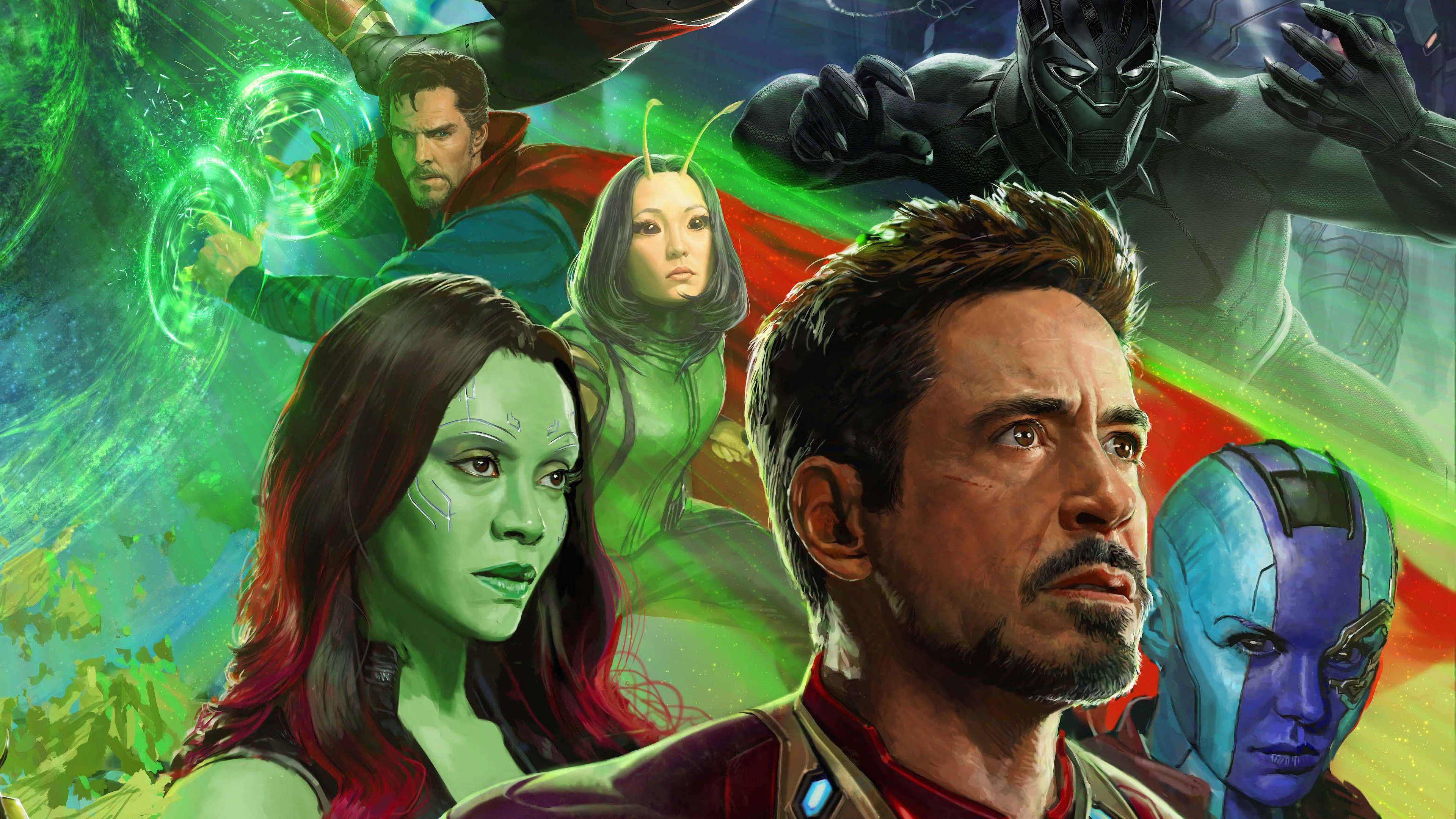 Avengers Desktop 桌布 壁紙 — 一幅動態漫畫風格插圖，描繪了鋼鐵人與星際異攻隊角色，背景是宇宙綠色能量。