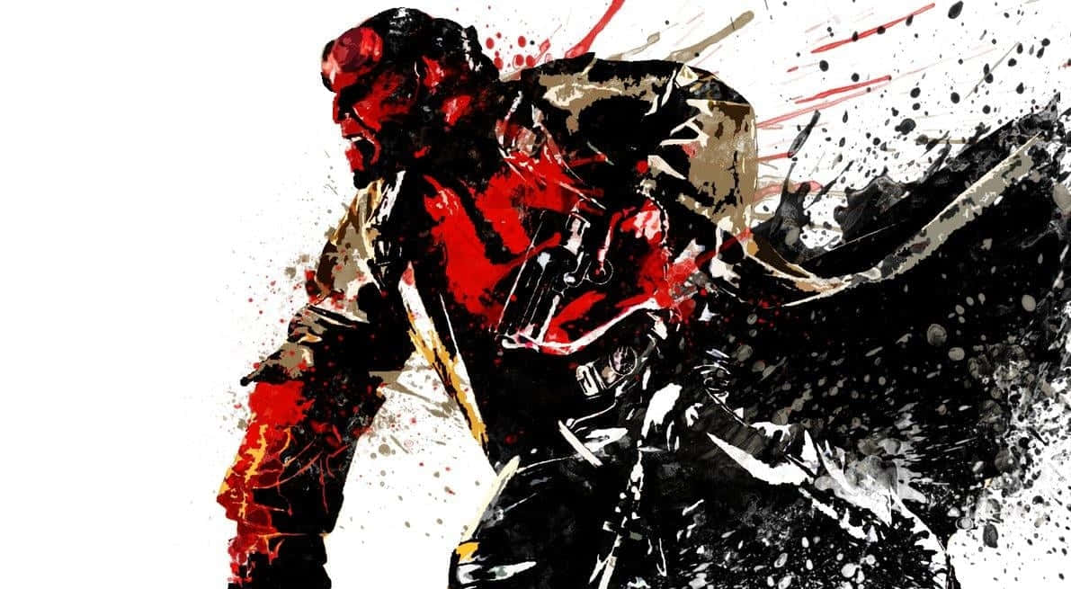 Animated Superhero Movies 桌布 壁紙 — 一幅動態潑濺風格插圖，描繪 Hellboy 在白色背景上以紅色顏料飛濺的動作場景。