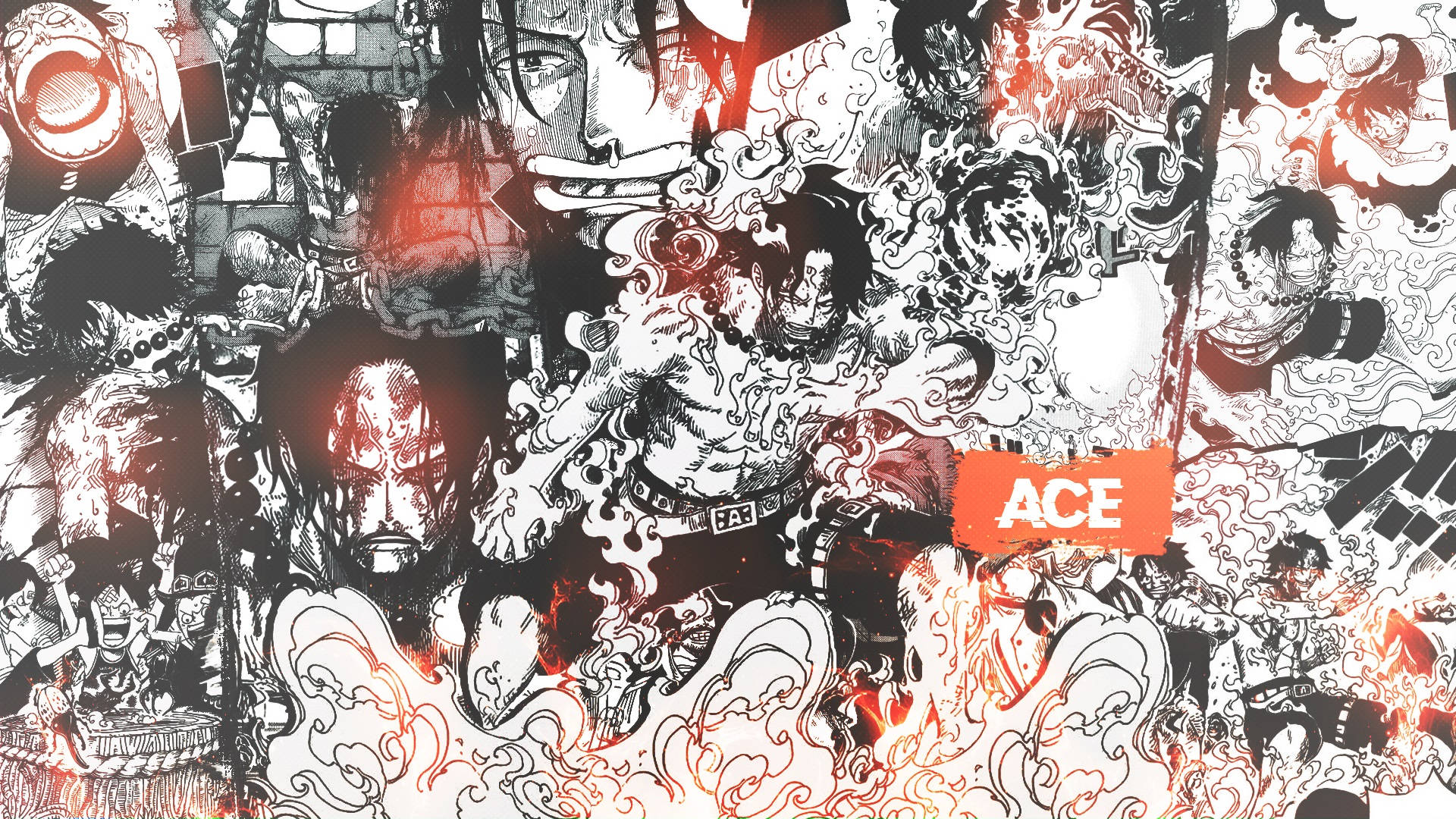 Ace 桌布 壁紙 — 一幅動態的動漫拼貼畫，描繪《航海王》角色以紅黑墨水風格的能量和火焰爆發。